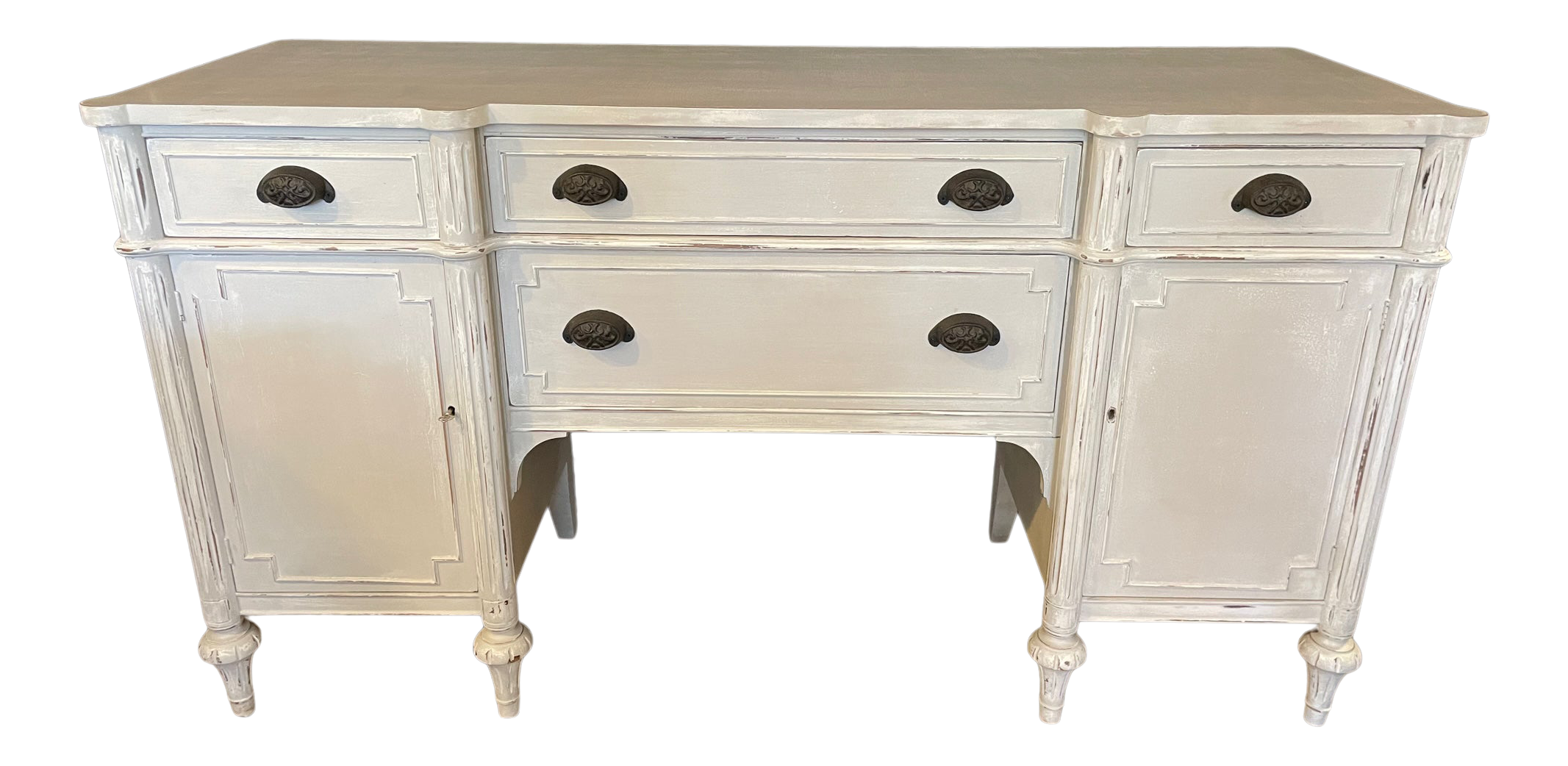 Antique Light Gray White Hand Painted Buffet Sideboard Country