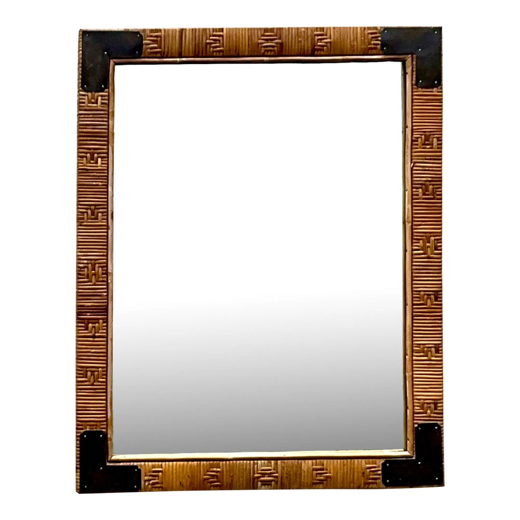 Vintage Coastal Wrapped Rattan Campaign Mirror | Chairish