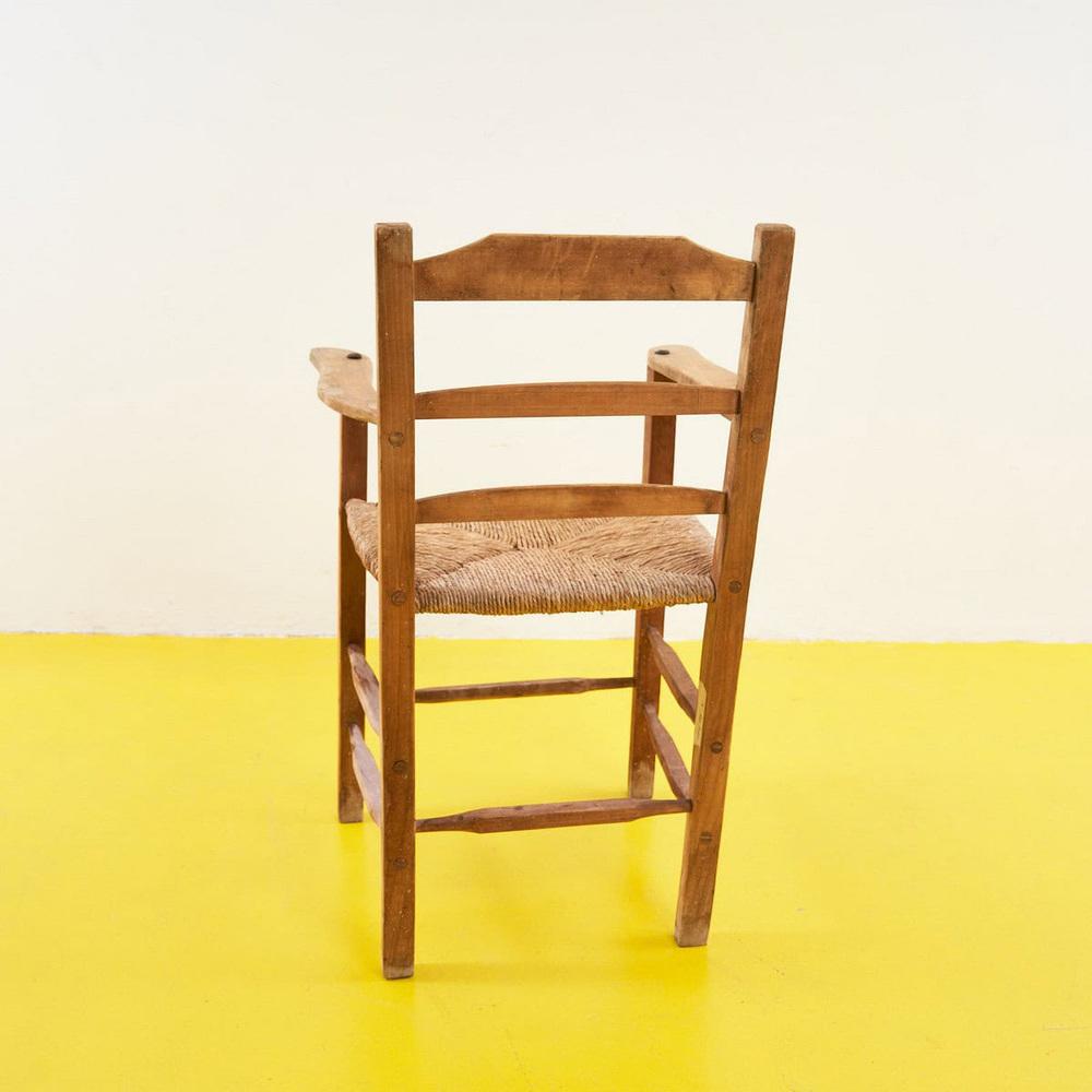 Rustic Wooden High Chair with Straw Seat, 1900s