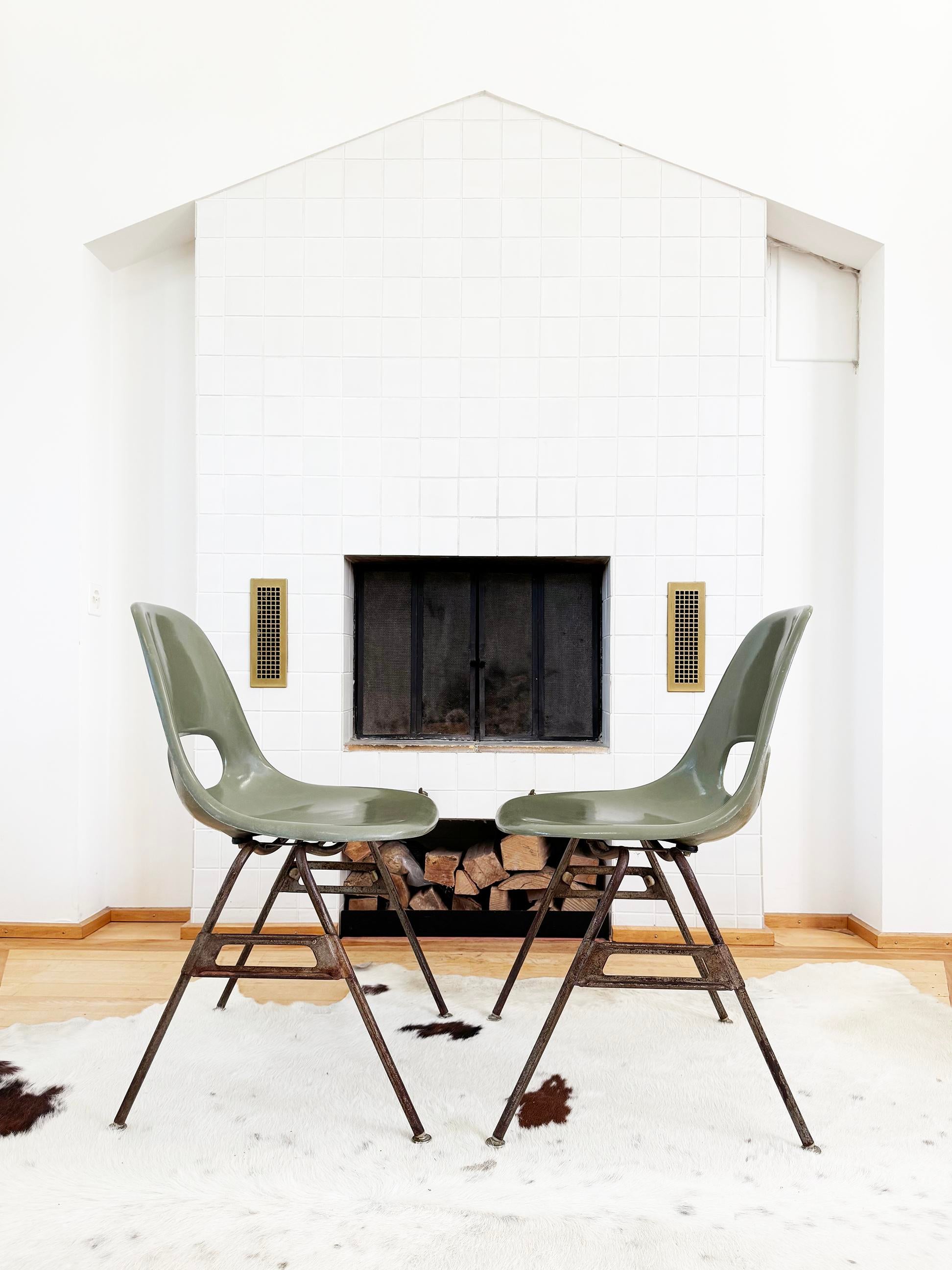 1960s Pair of Mid Century Avocado Green Fiberglass Side Chair