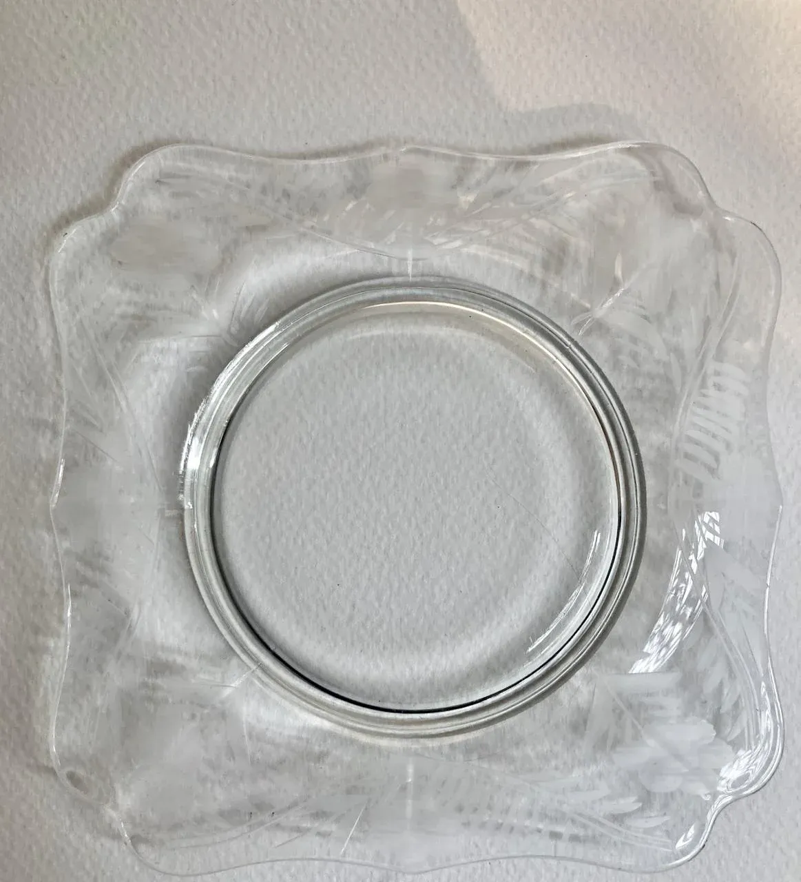 Set of Clear Floral Etched Scalloped Square Glass Plates, 1930's