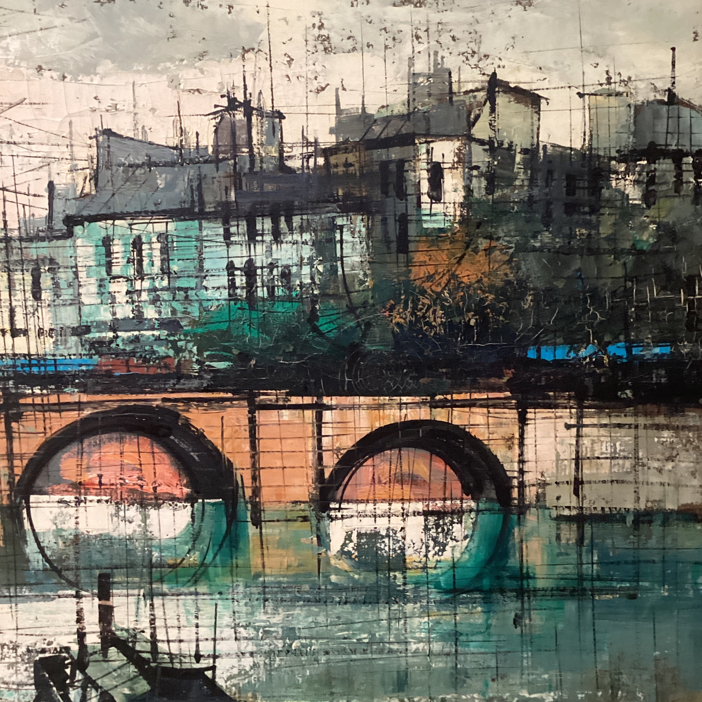 Mid 20th Century Abstract Modernist Painting Parisian Scene