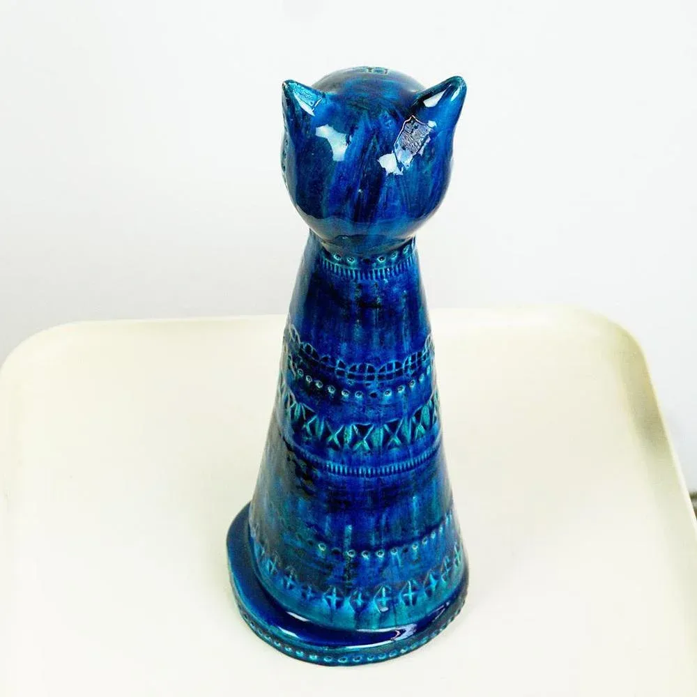 Mid-Century Italian Rimini Blu Ceramic Cat attributed to Aldo