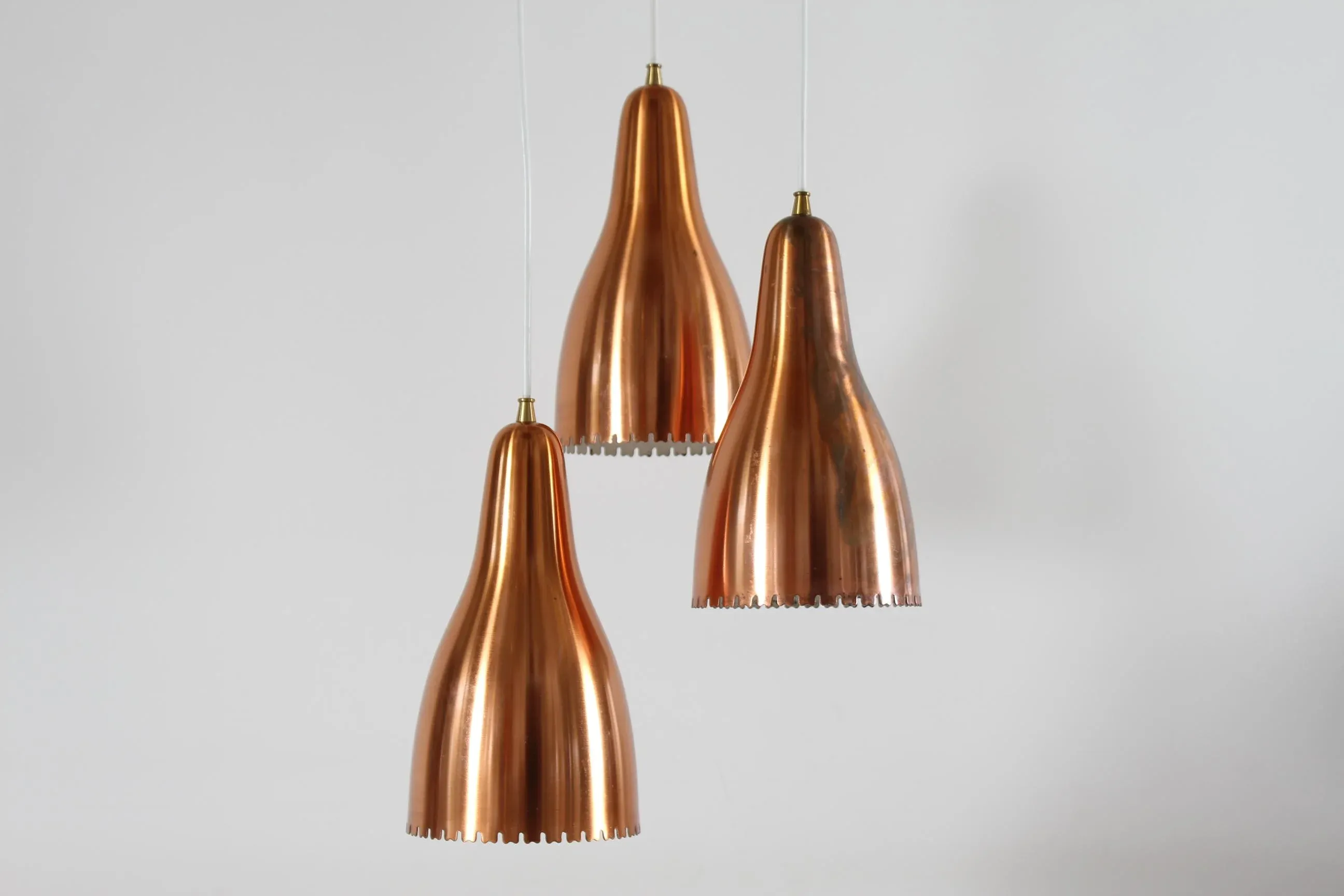 Bent Karlby 3-Cone Copper Chandelier with Canopy from Lyfa, Denmark, 1950s