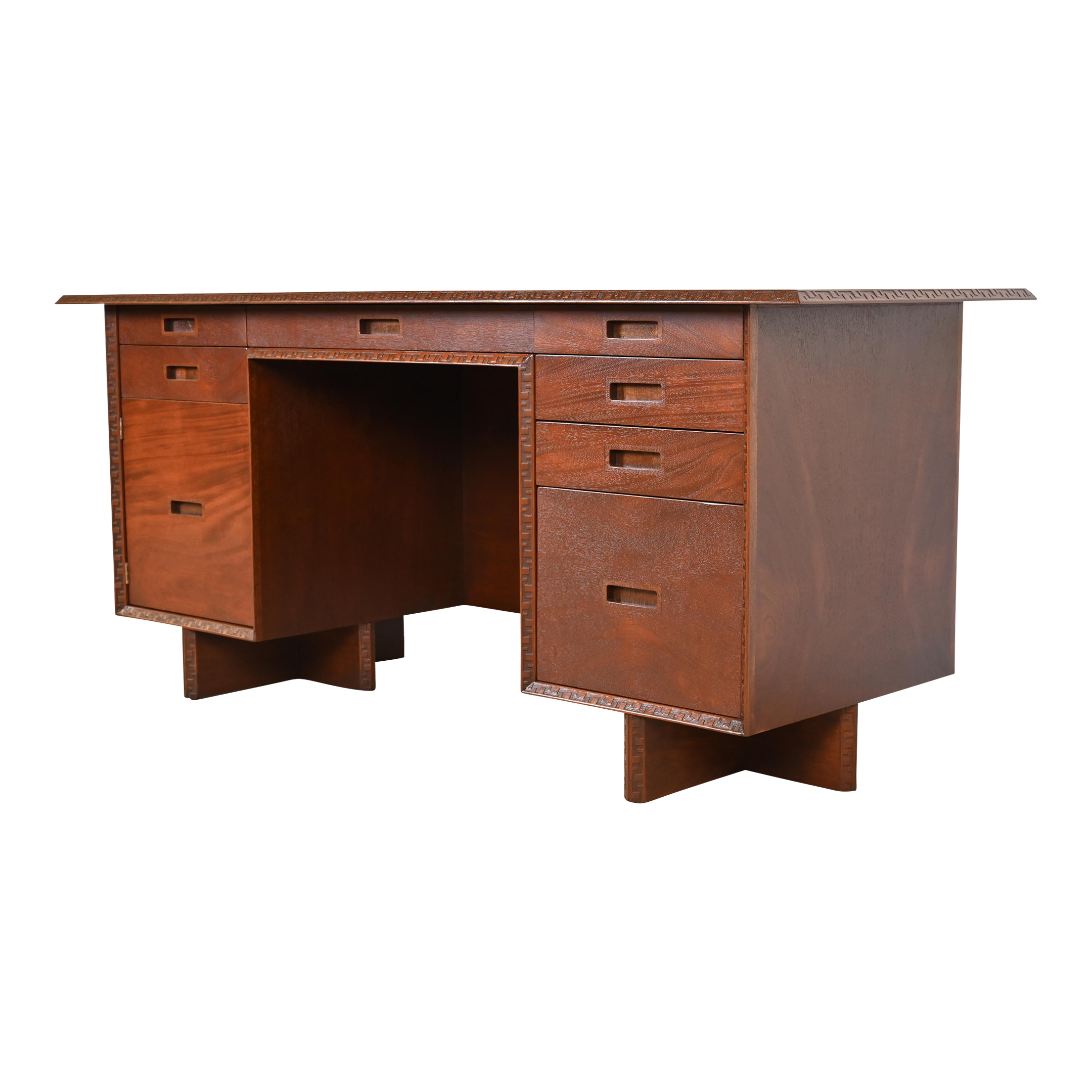 Frank Lloyd Wright Taliesin Mahogany Double Pedestal Executive Desk