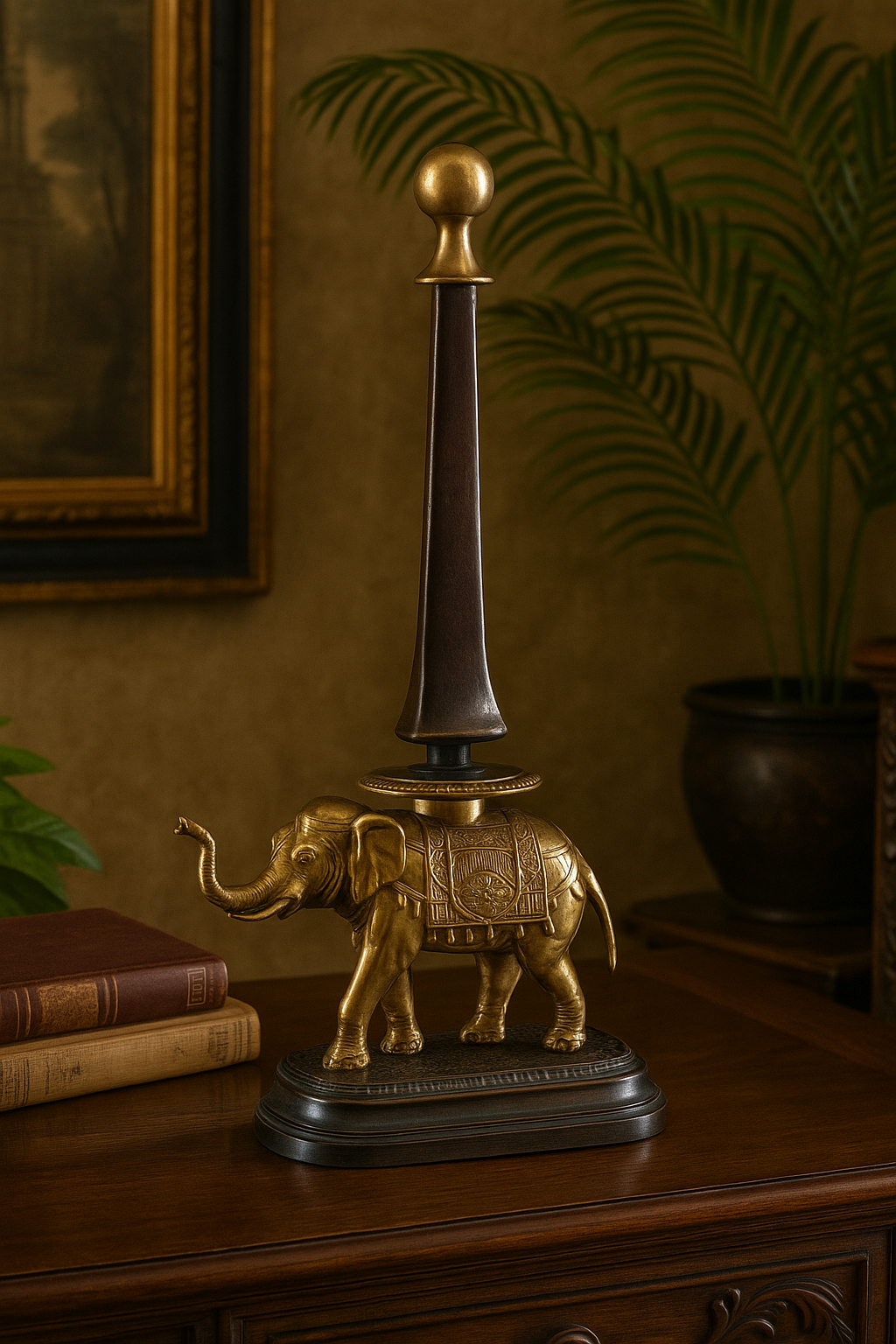 Vintage Brass Elephant Sculpture With Finial 20.5\