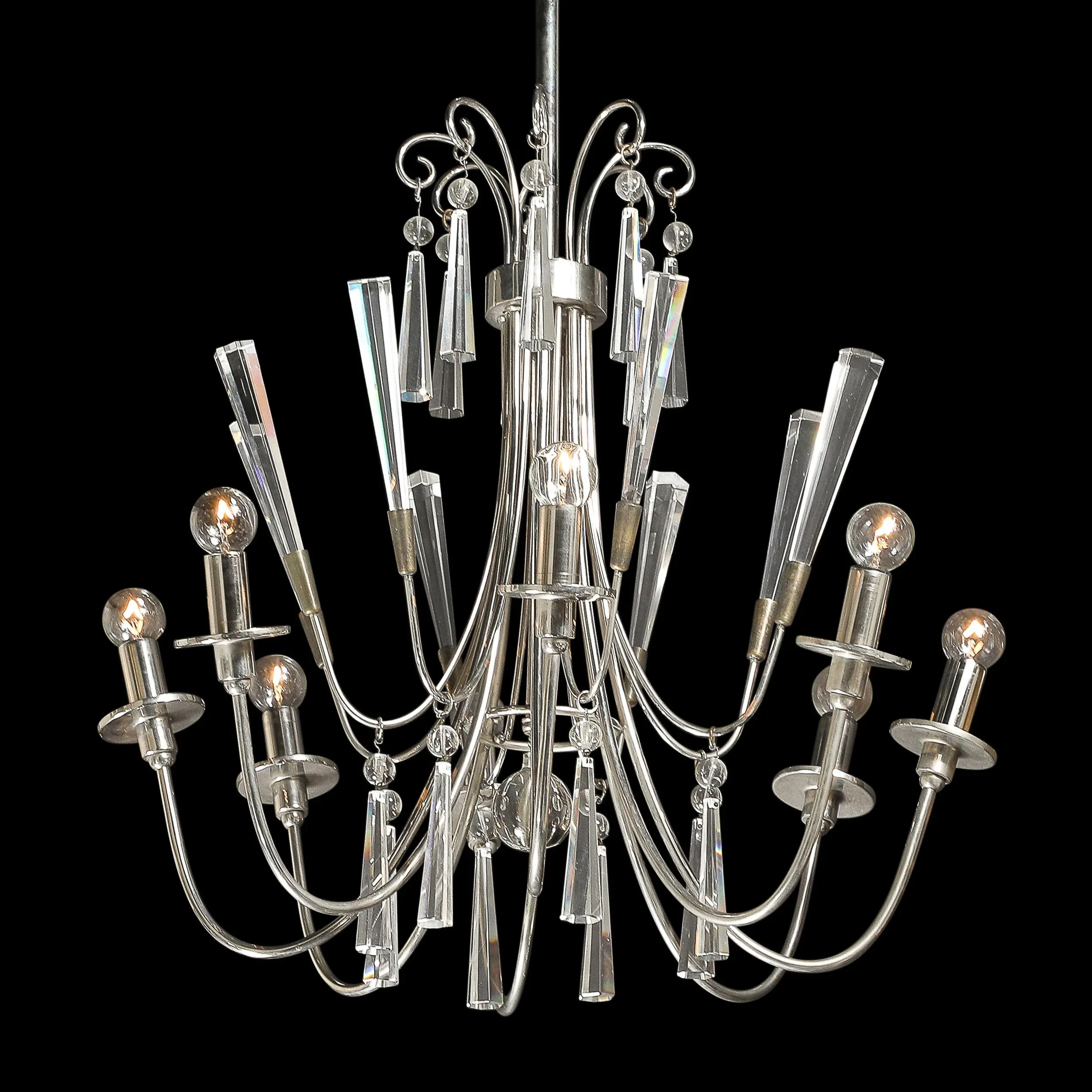 Mid-Century Modernist Eight Arm Chandelier in Cut Crystal & Polished Nickel