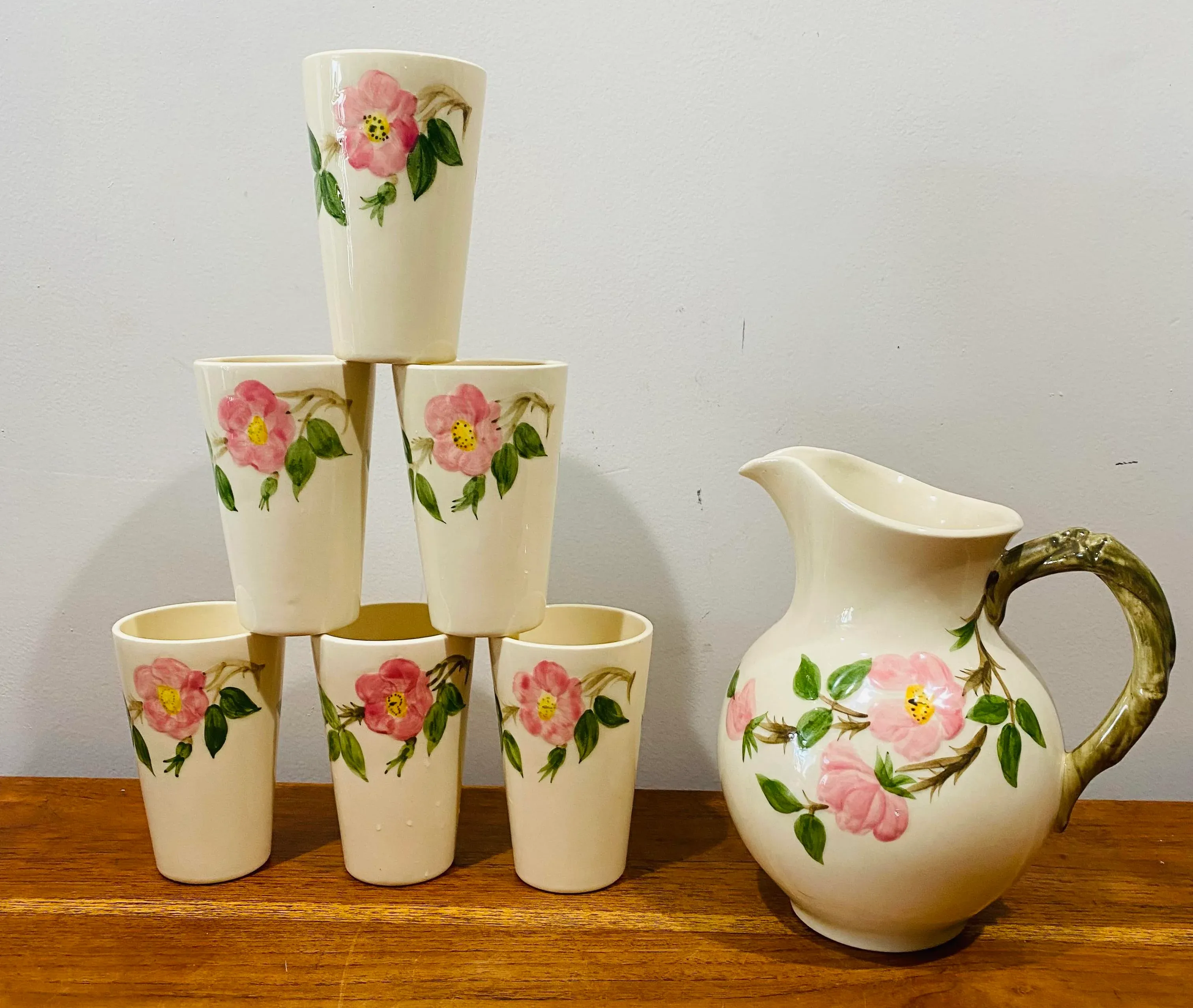 1940s Franciscan Desert Rose Pitcher and Glass Set- Pieces