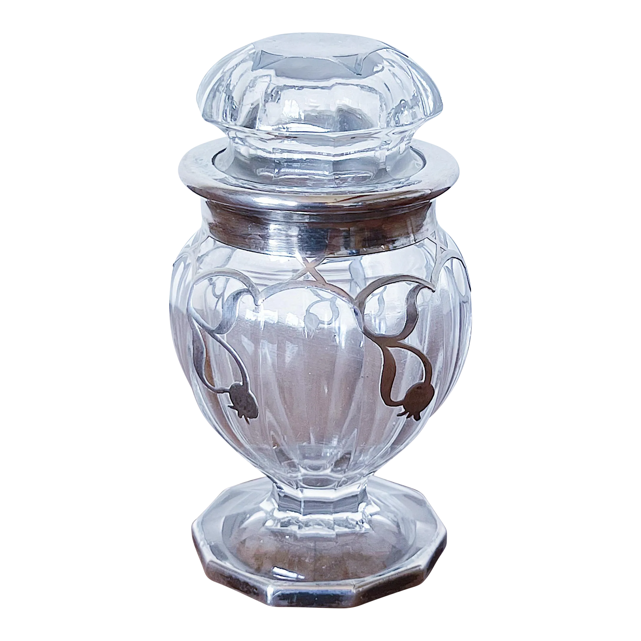 Vintage Art Nouveau Lidded Glass Jar With Applied Silver Filigree Scrollwork and Stopper