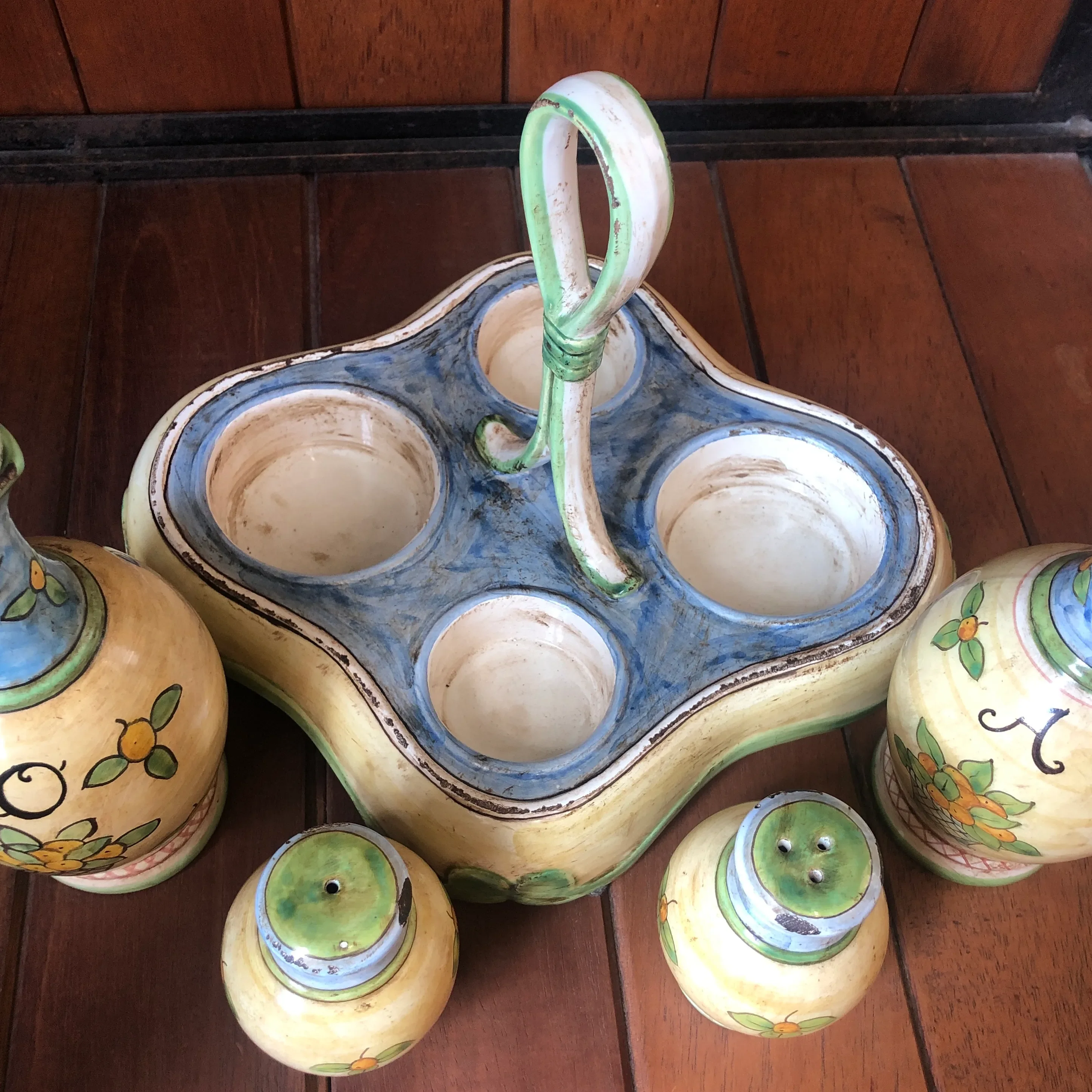 1990s Italian Hand Painted Ceramic Oil, Vinegar, Salt and Pepper Cestino