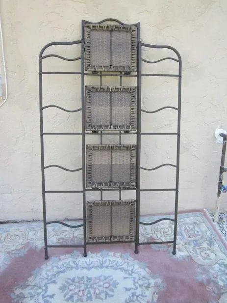 1980s Vintage Brown Wicker Rattan Metal Folding 4 Tier Shelf