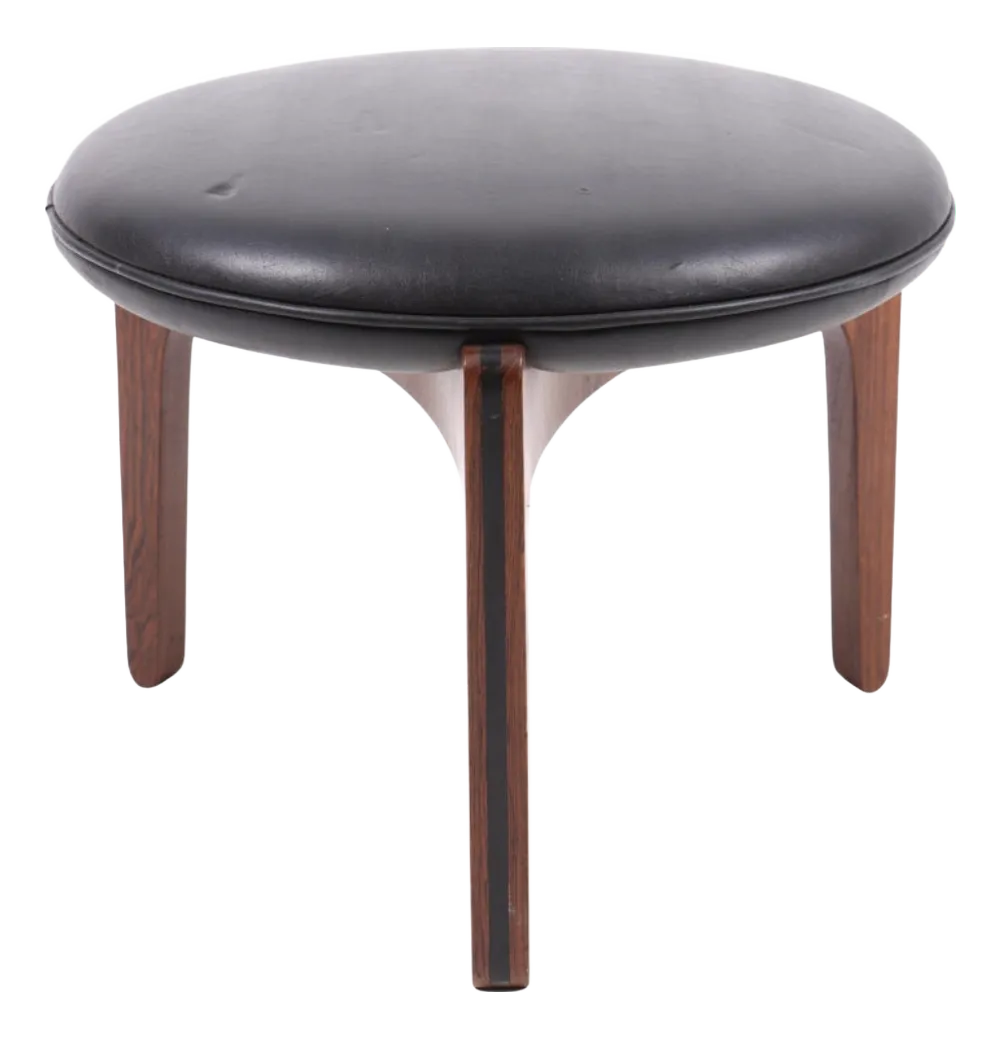 Mid-Century Stool Ottoman in Patinated Leather and Rosewood by Sven Ellekaer for Christian Linneberg, Denmark, 1960s