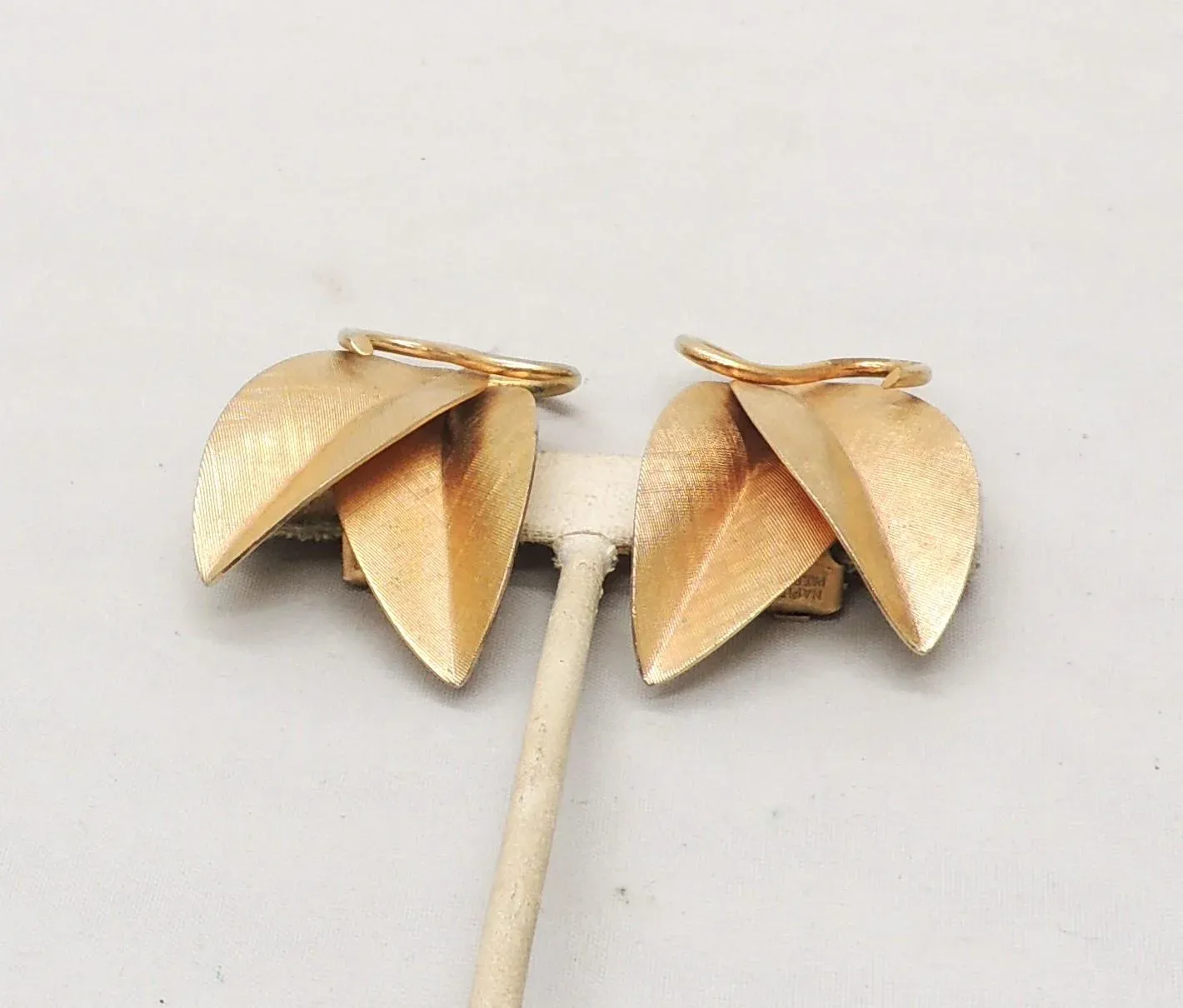 Vintage 1956 Signed Napier Goldtone Florentine Finish Leaves Clip Earrings - 2 Pieces
