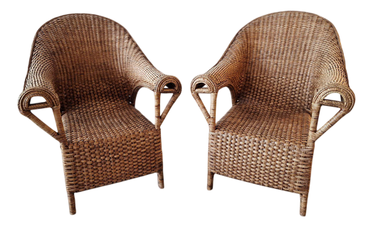 Vintage Burmese Woven Rattan Lounge Chairs, Set of 2