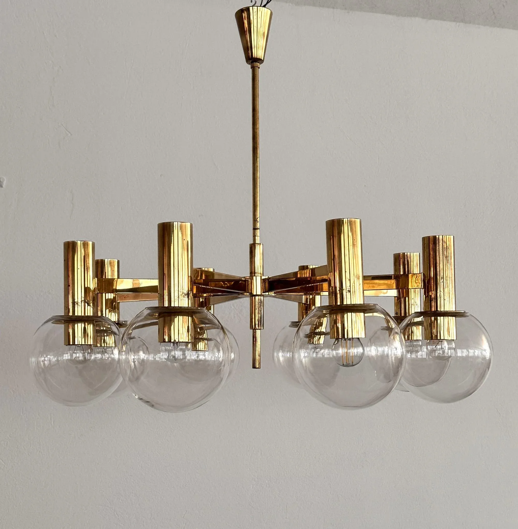 Mid-Century Brass and Eight Light Glass Globes Chandelier from Hans-Agne Jakobsson Ab Markaryd, 1970s