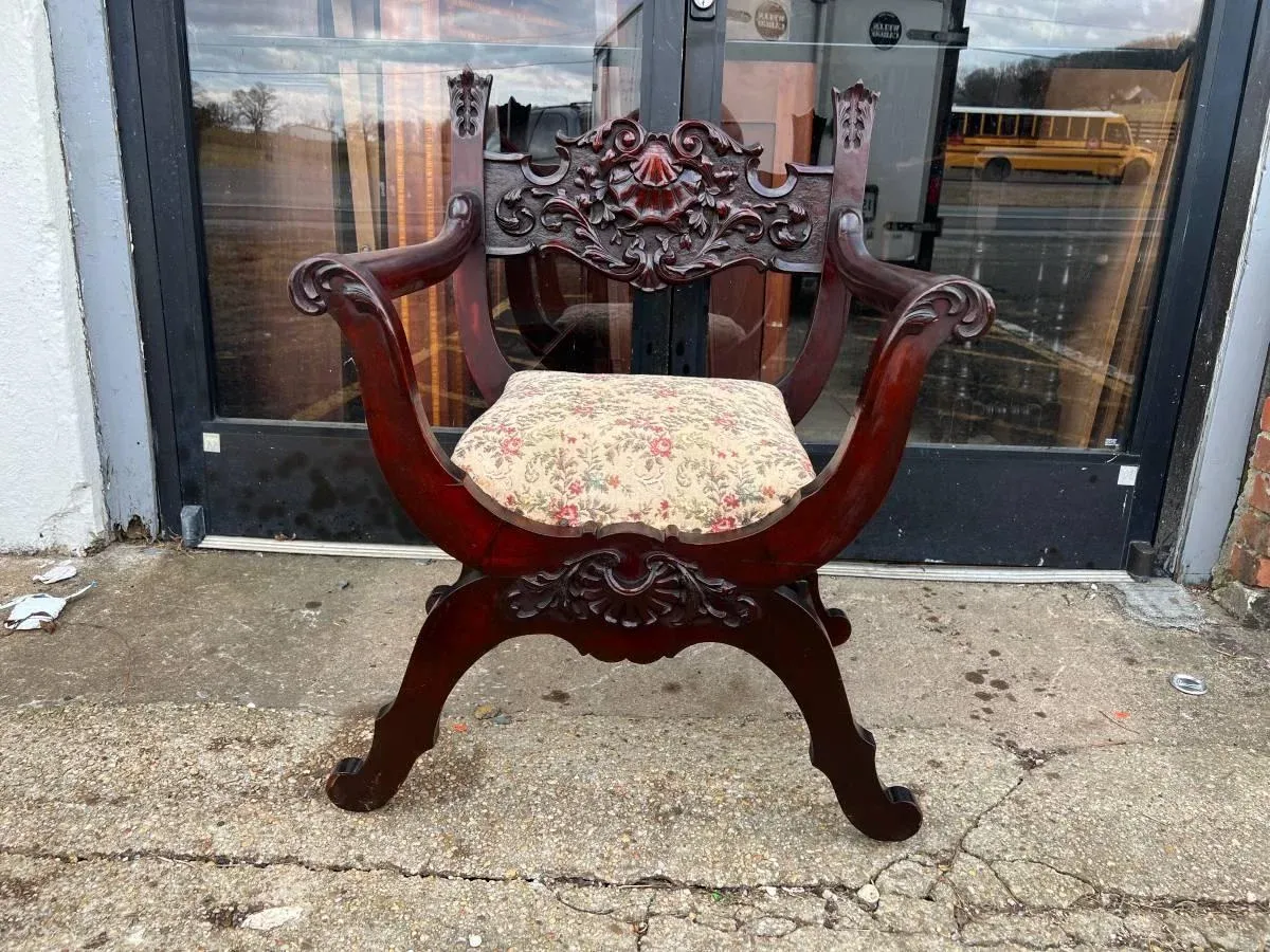 19th Century Antique Mahogany Carved Italian Savonarola Chair