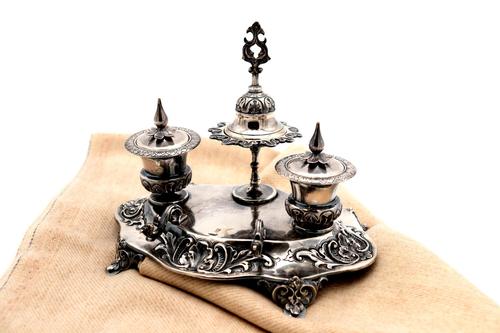 Silver Inkwell with Two Tanks and Bell