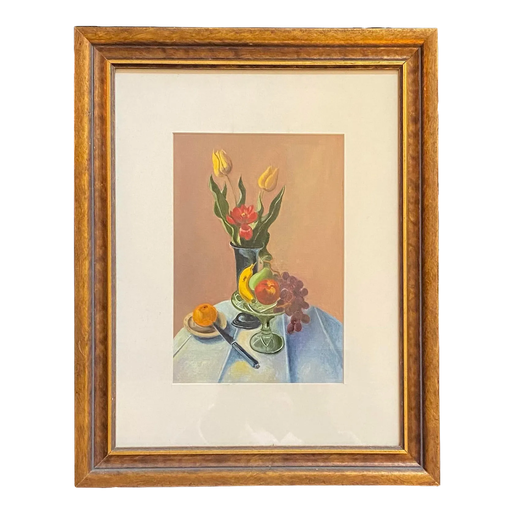 Contemporary Still Life Floral With Tulips and Fruit Oil Painting, After Thomas Hart Benton. Framed, Signed.