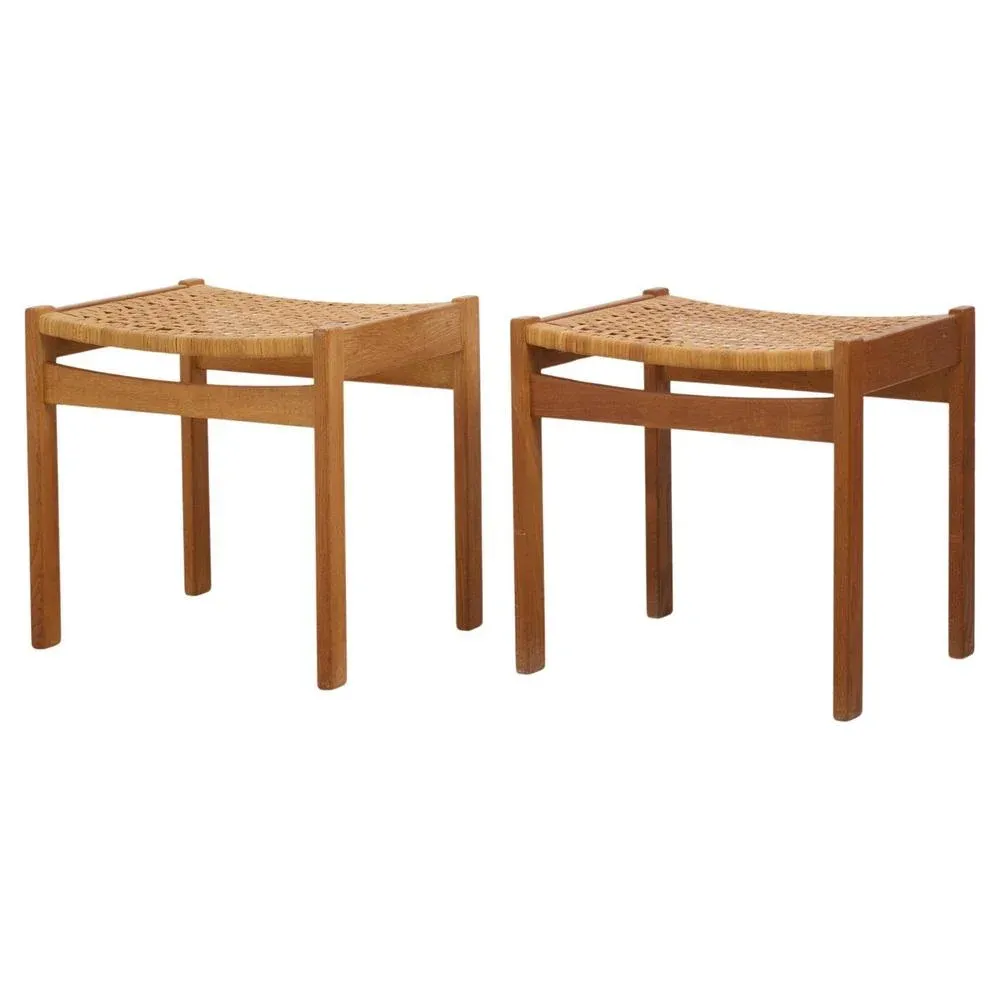 Set of Vintage Danish Oak and Rattan Footstools