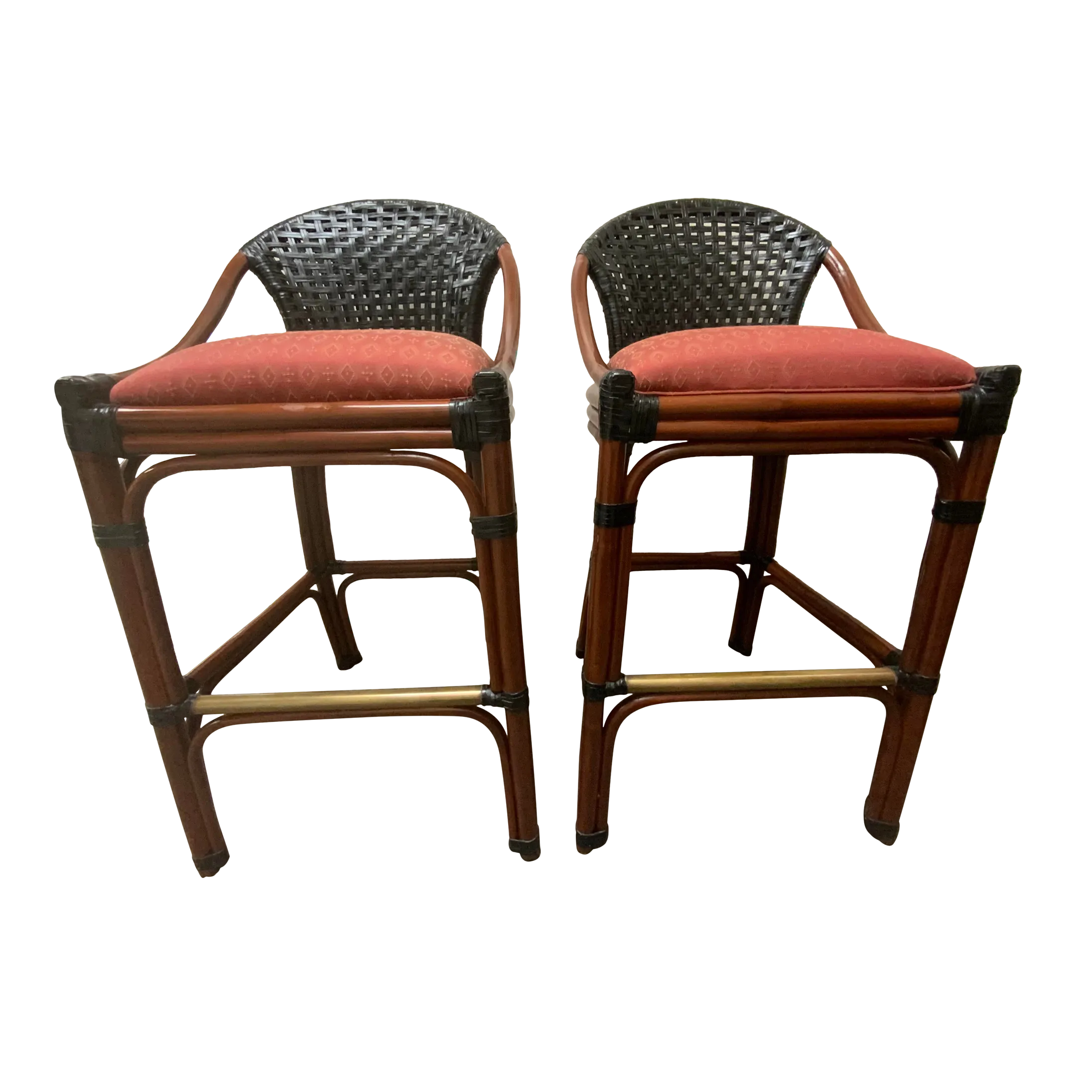Palecek Suzani Upholstered Rattan and Woven Leather Barstools a