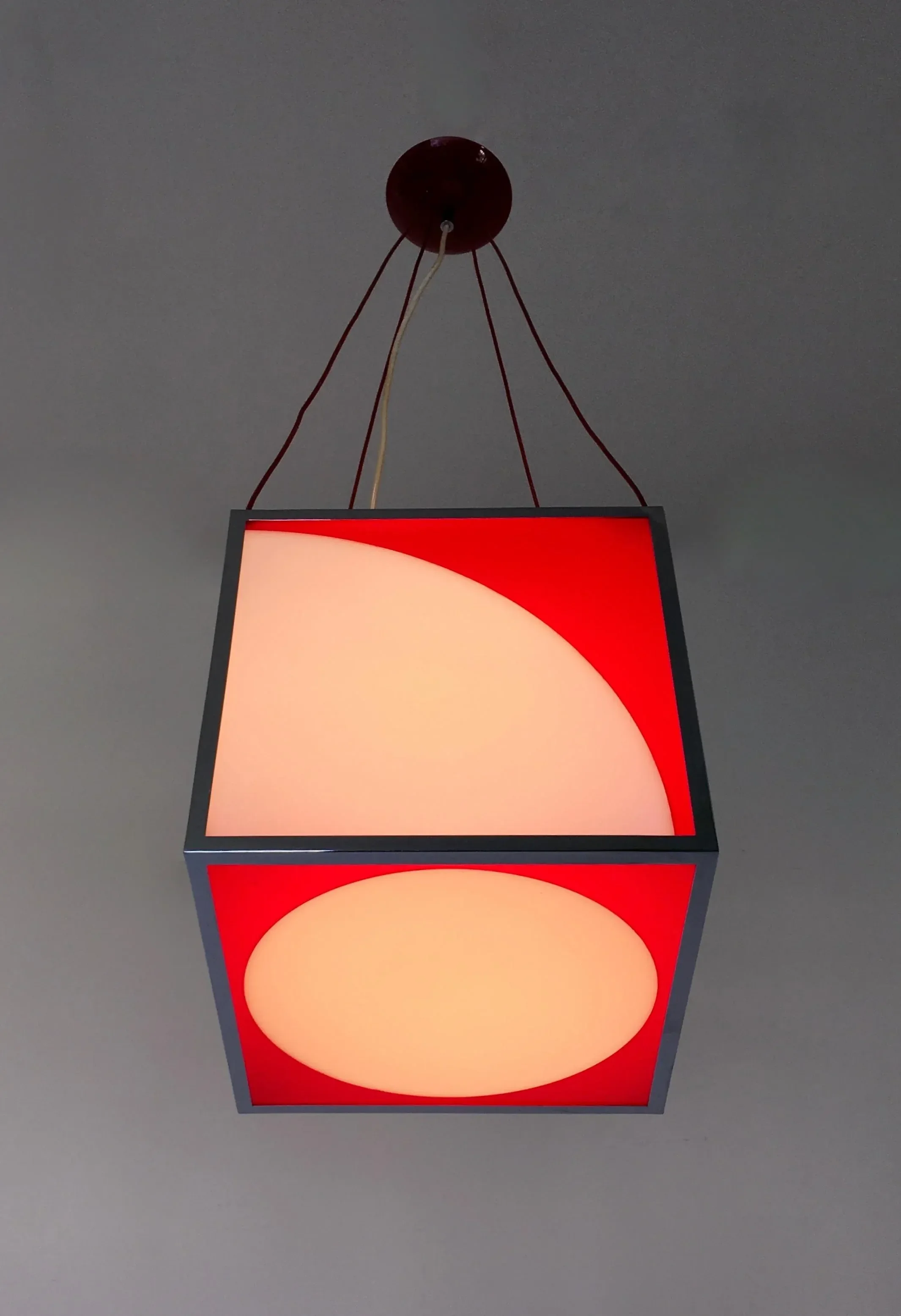 Vintage Italian Cubic Red and White Acrylic Glass and Metal Pendant, 1970s