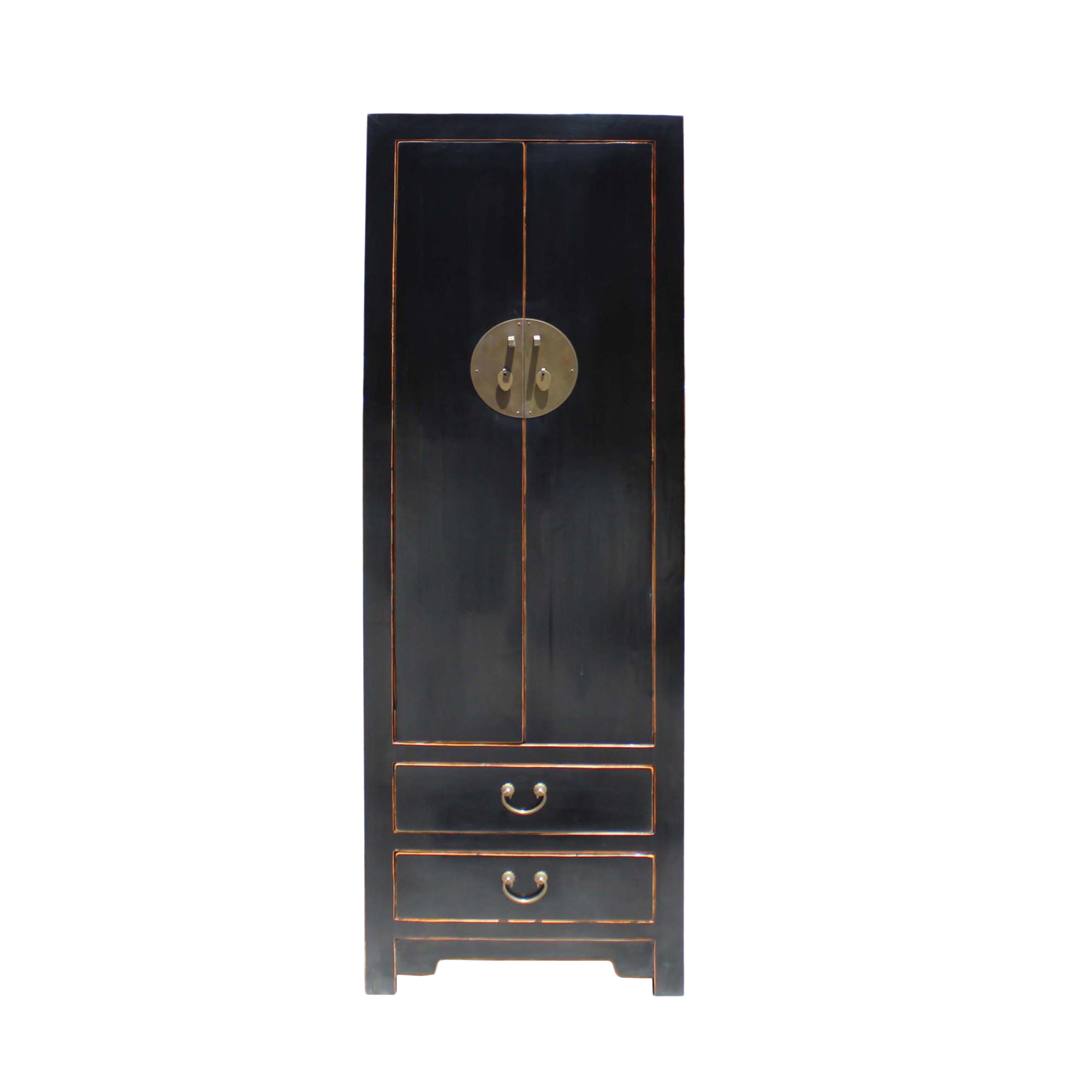 Chinese Oriental Distressed Black Lacquer Moonface Slim Storage