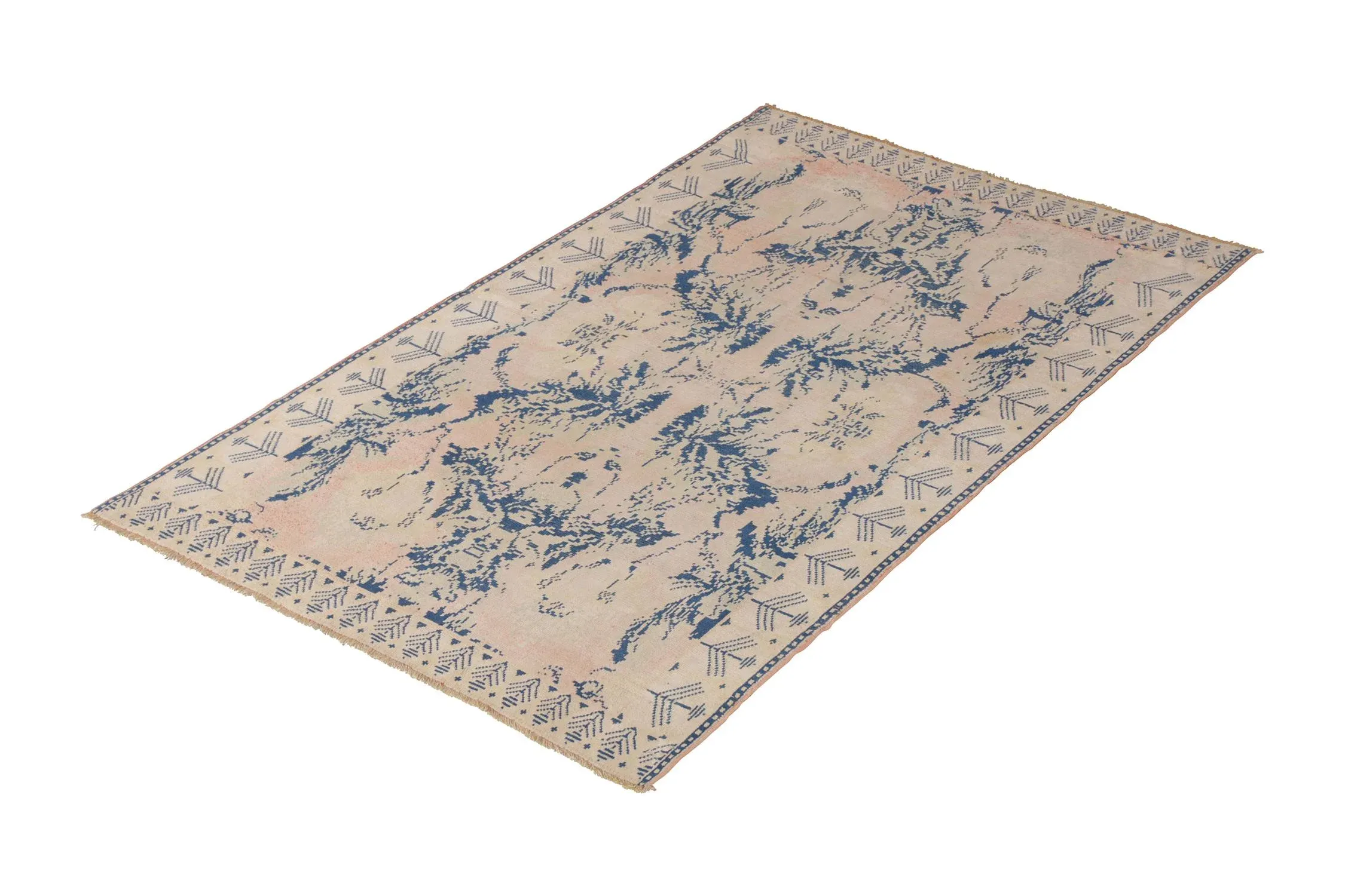 Early 20th Century Antique Hand Knotted Pink and Blue Agrarian Rug 4′ × 6′8″