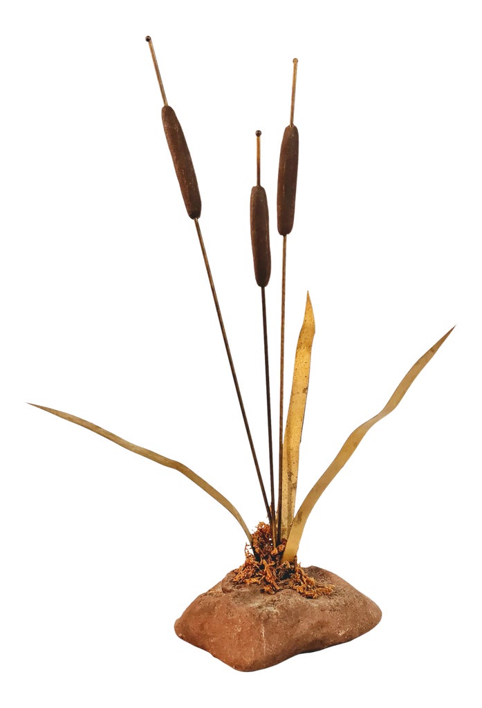 Vintage Brass Cattails Mid Century Rock Decor | Chairish