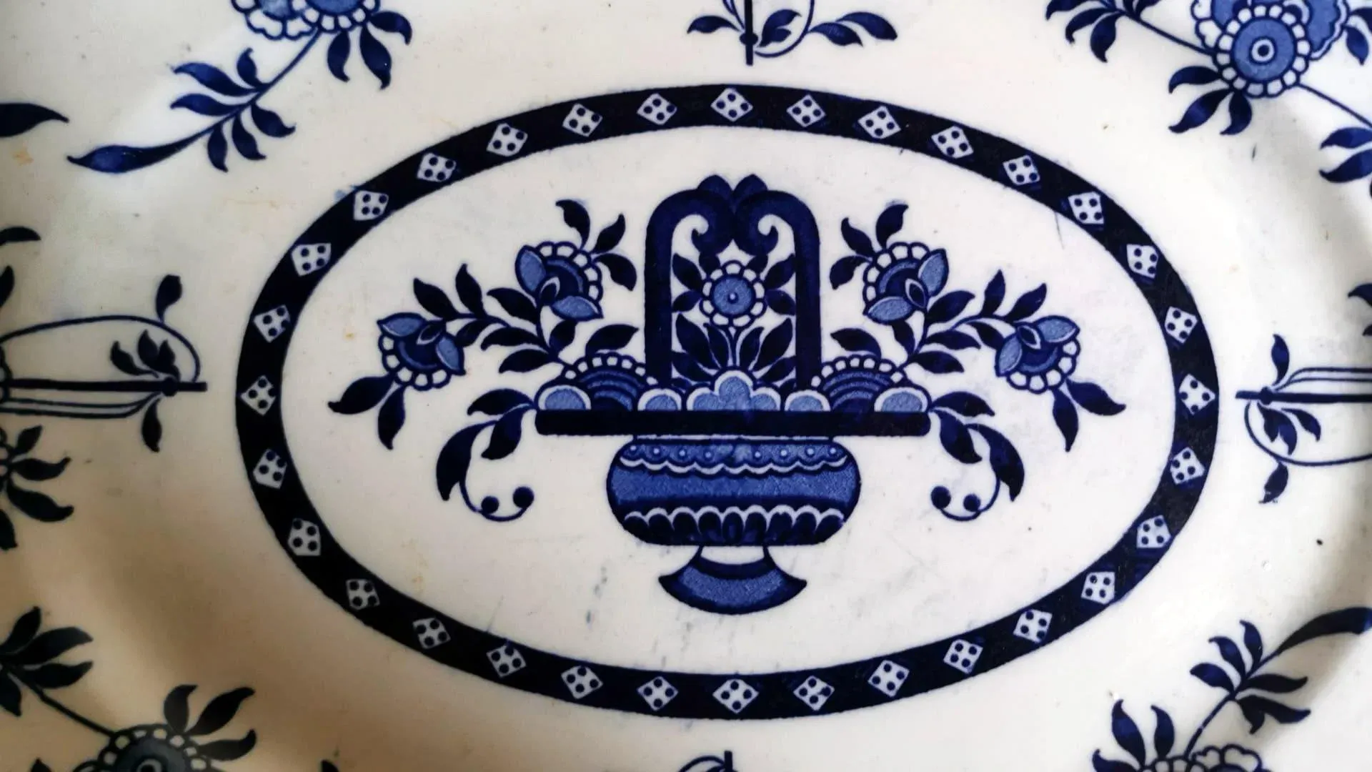 Antique Staffordshire Potteries English Platter With Blue Transferware Decorations