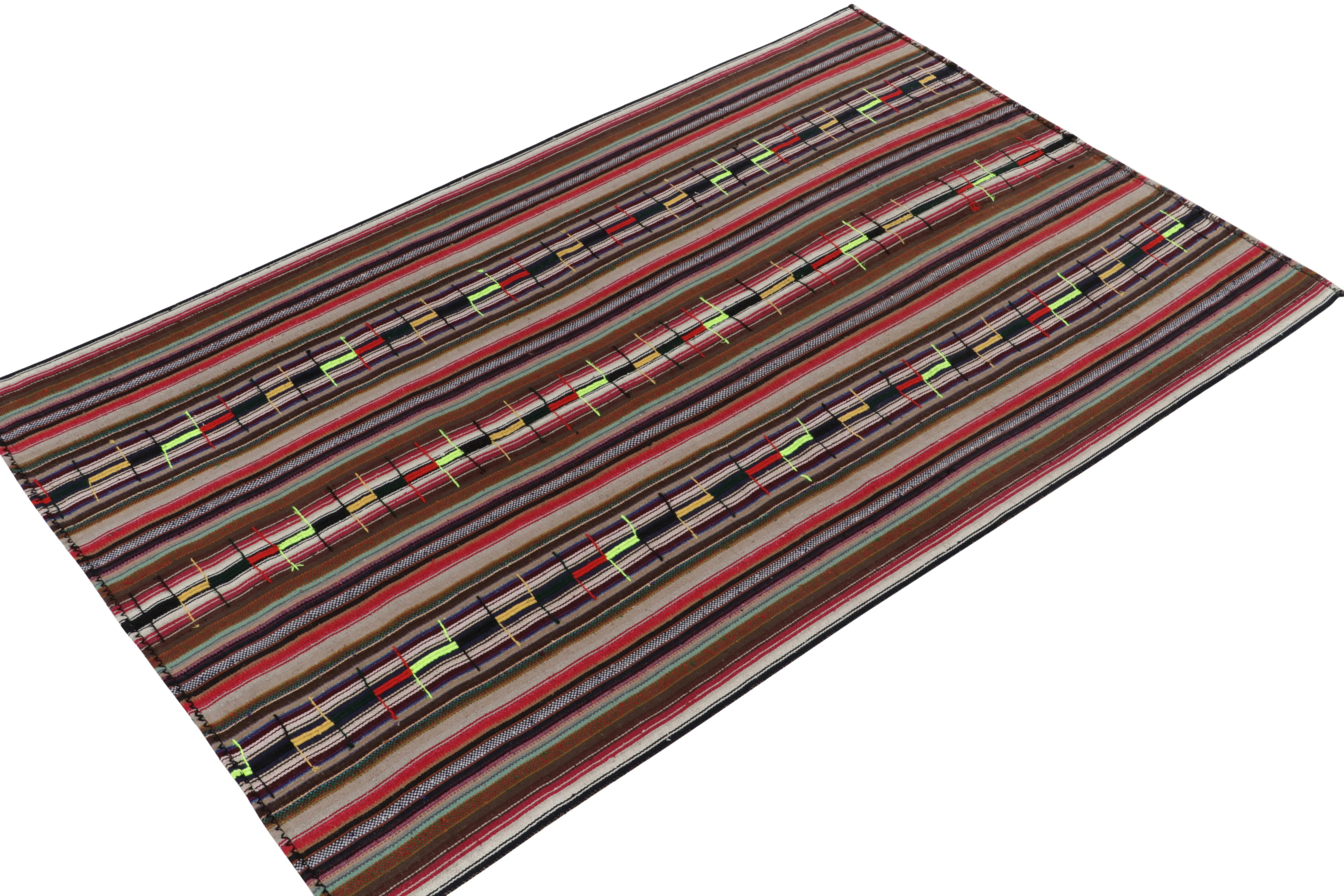 1950s Vintage Chaput Kilim Rug in Red and Brown, Multicolor Stripe Patterns-3x9