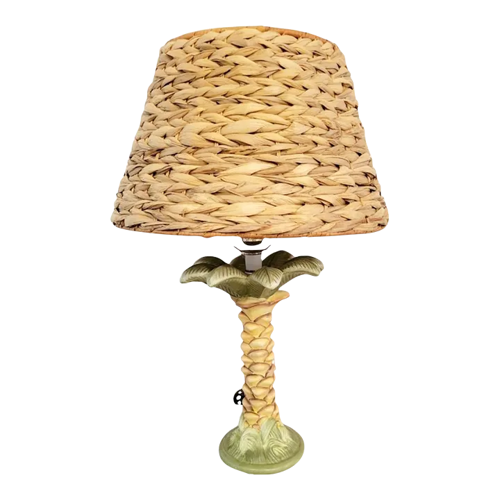Vintage Ceramic Whimsical Palm Tree Regency Style Wicker Shade Table Lamp main image 3