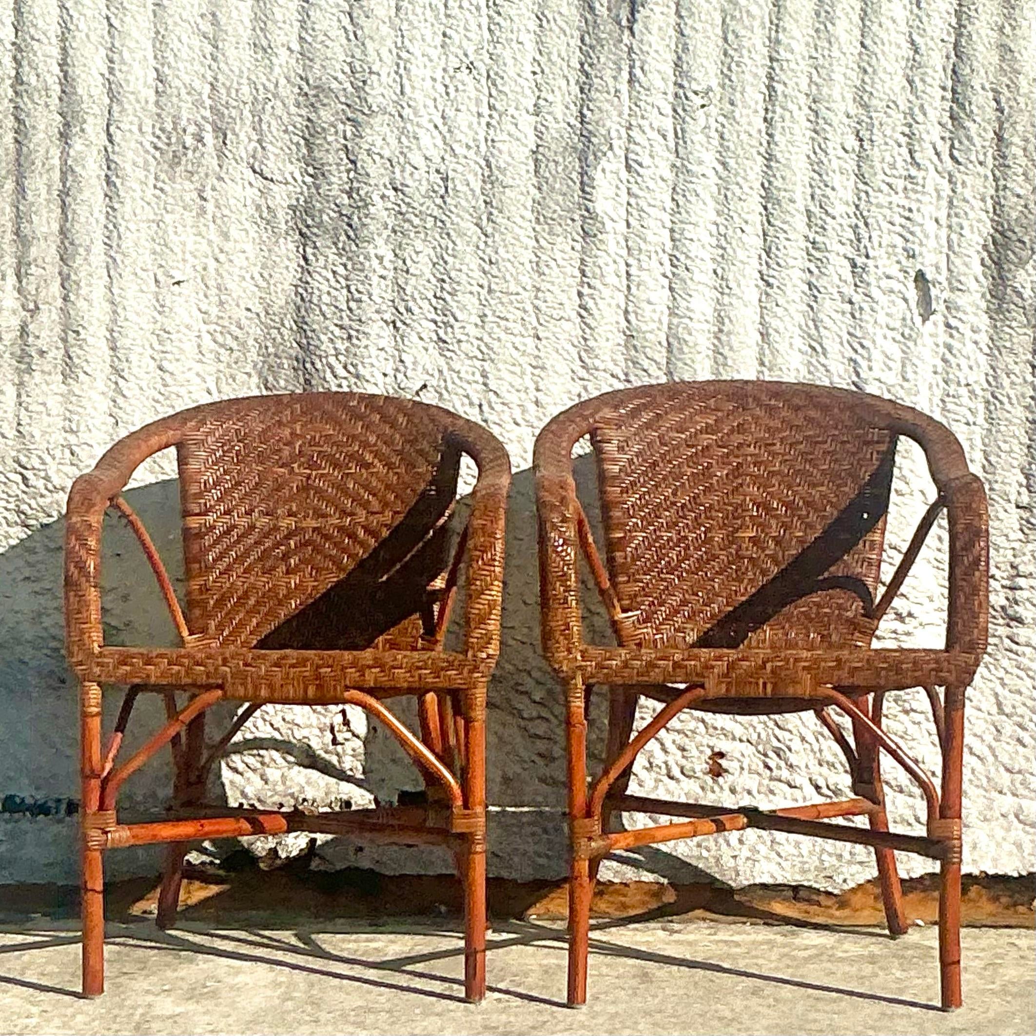 Vintage Coastal Palecek Woven Rattan Lounge Chairs a Pair