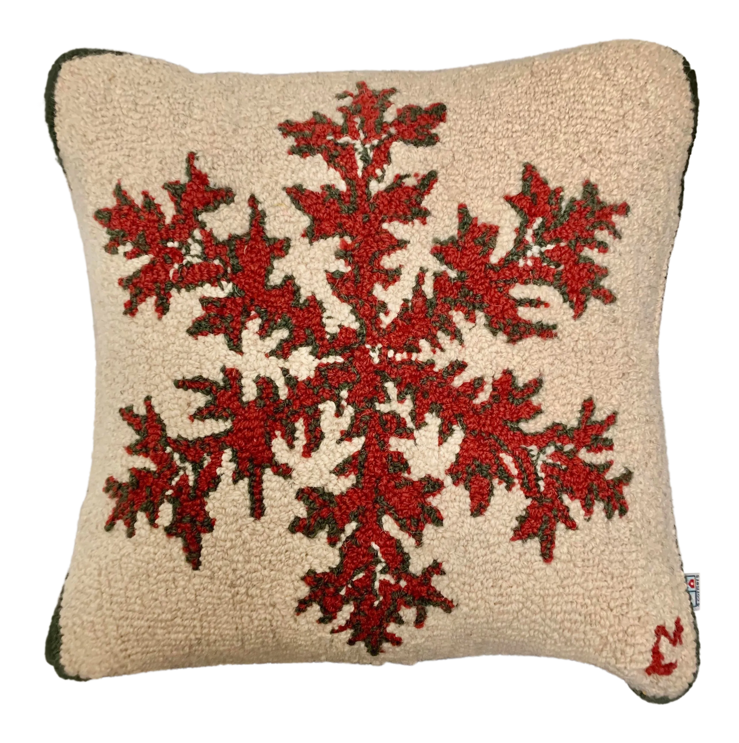 Cream And Red Hand Knot Wool And Velvet Pillow With Red Snowflake