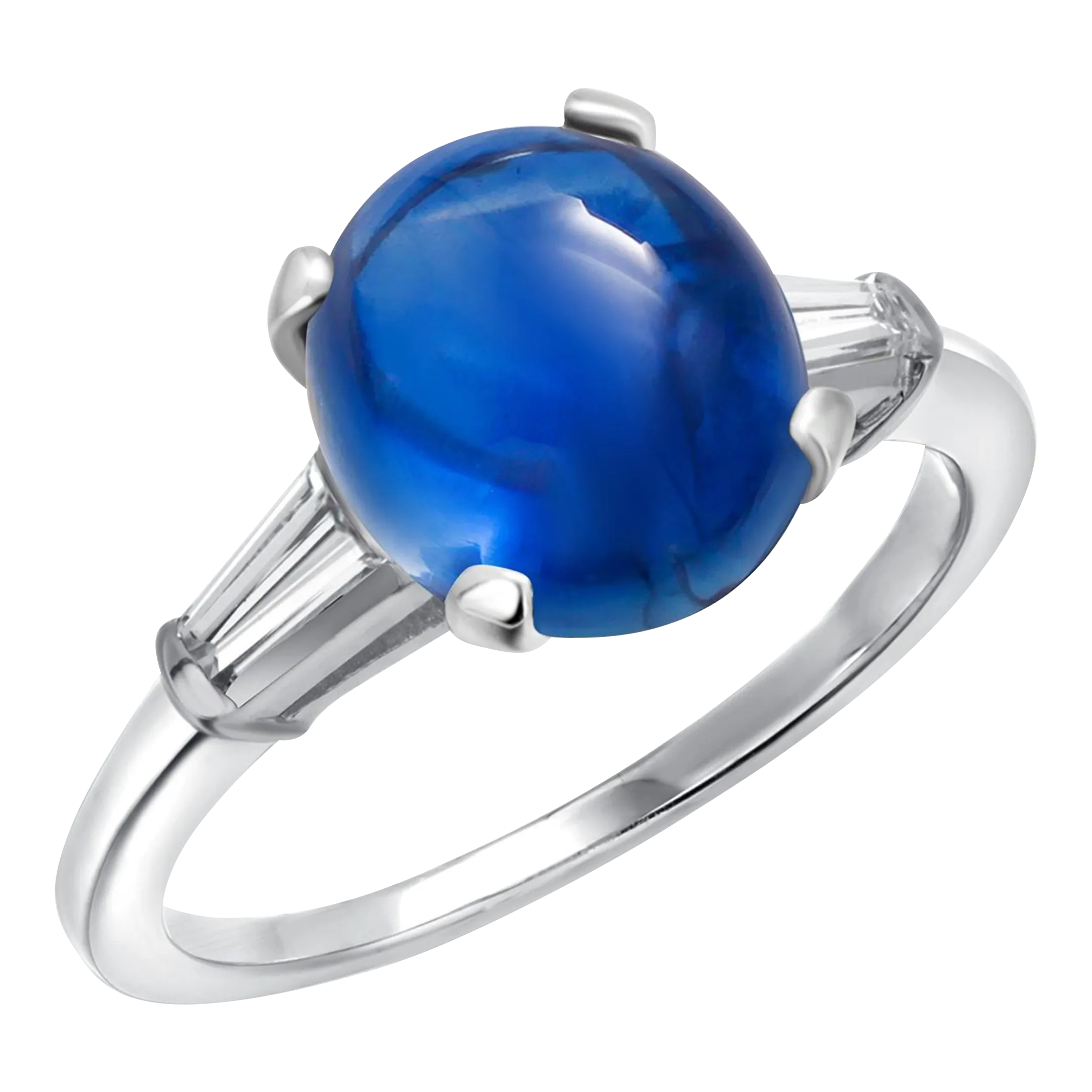 Platinum Ring Tapered Baguette Diamonds 6.21 Carat Gem Ceylon Cabochon Sapphire Size 7