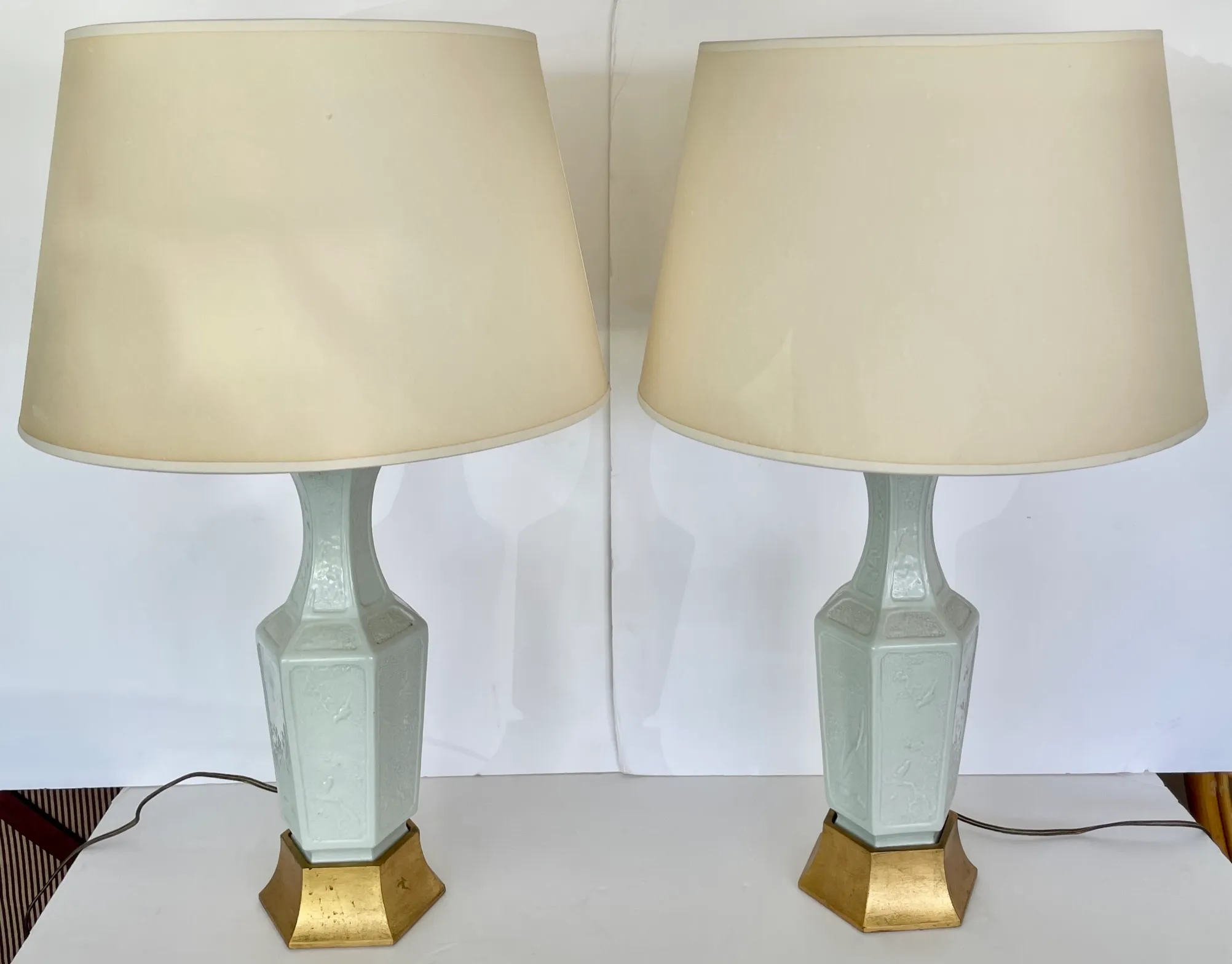 Pair Asian Style Celadon Green Porcelain Table Lamps From 70's