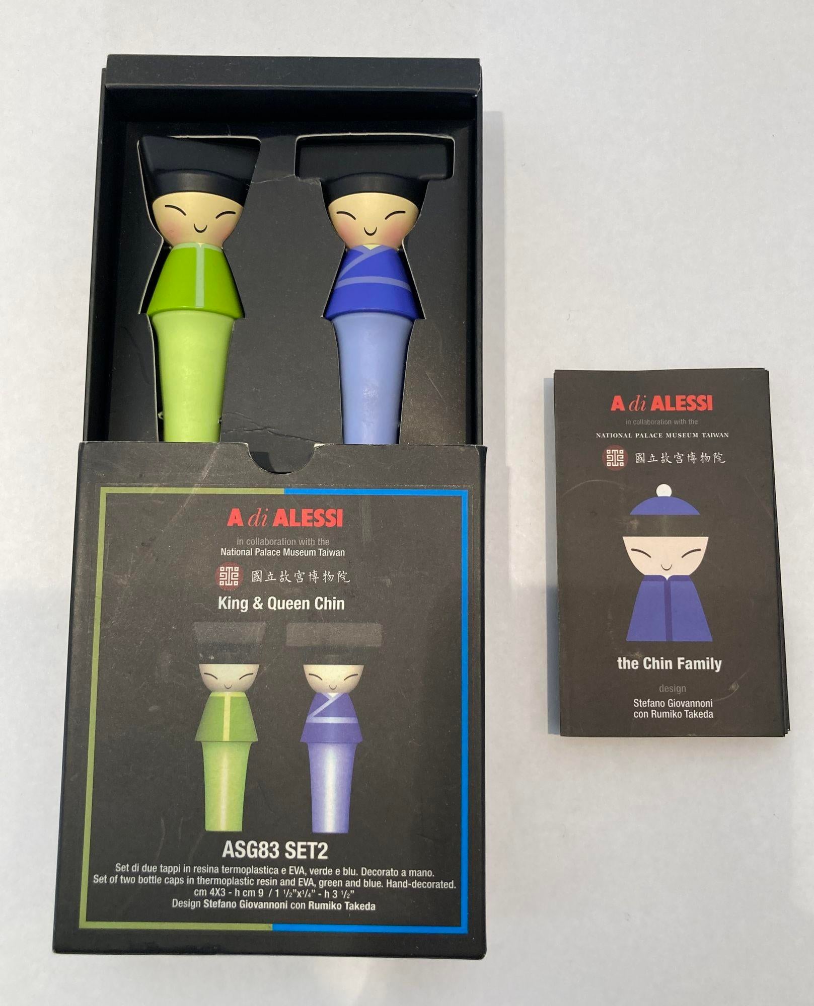 A Di Alessi King and Queen Chin Set of 2 Bottle Stops in Blue and