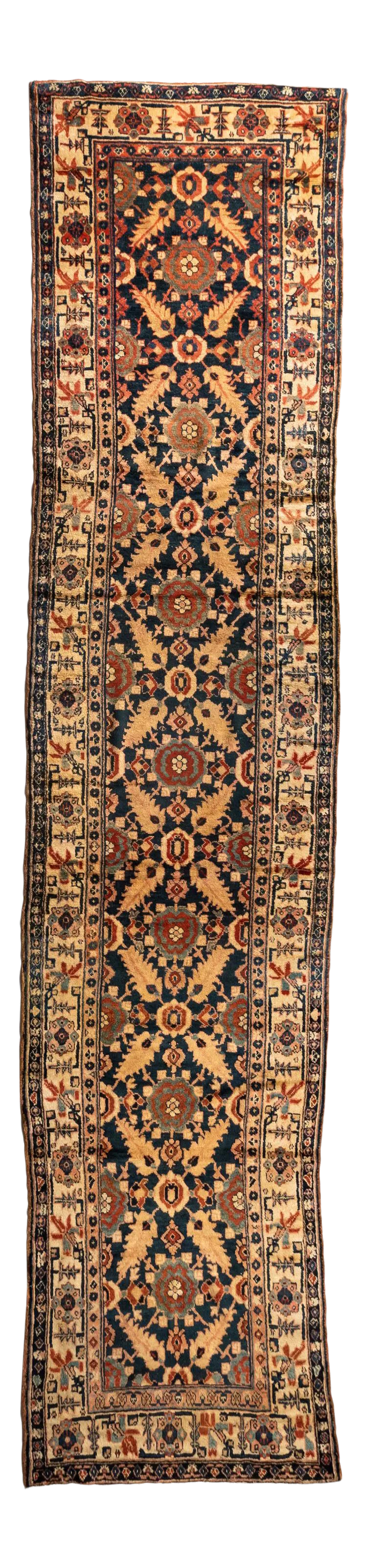 Antique Long Navy Blue Gold Brown Northwest Persian Runner Rug c. 1880-1900