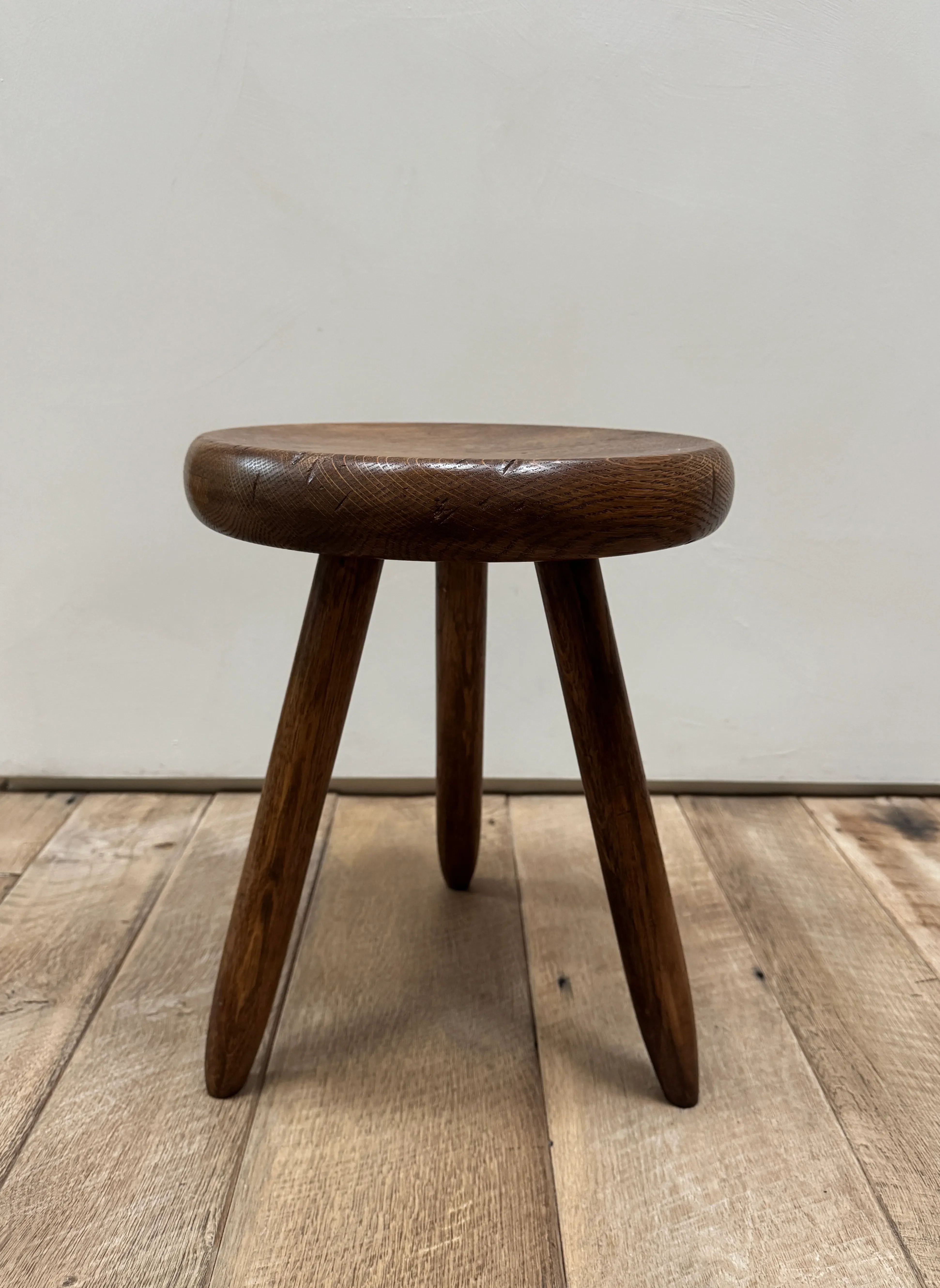 1960s French Oak Tripod Berger Stools in the Manner of Charlotte