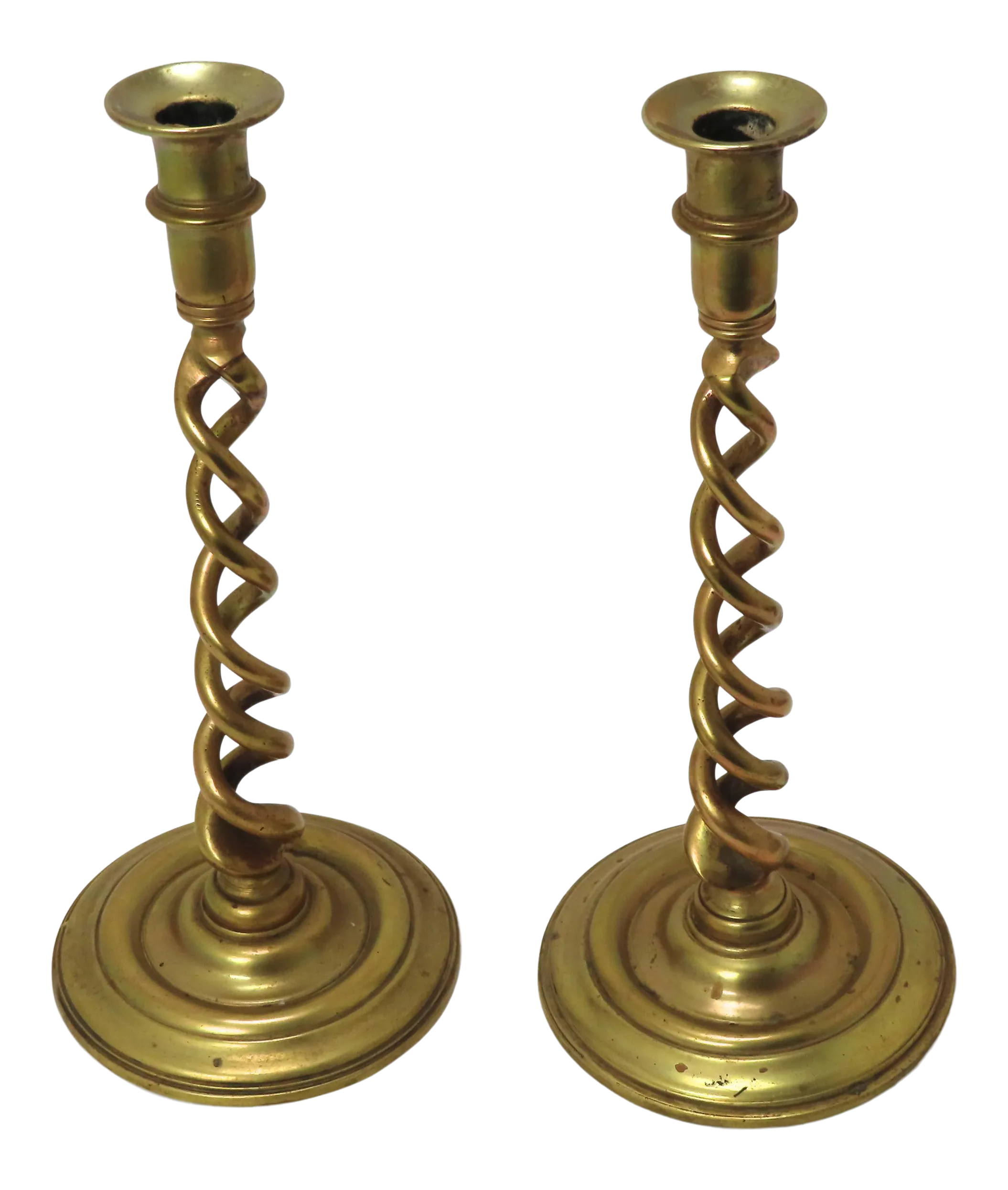 Antique 13 Inch Brass Jacobean Open Rope Twist Candlesticks a Pair