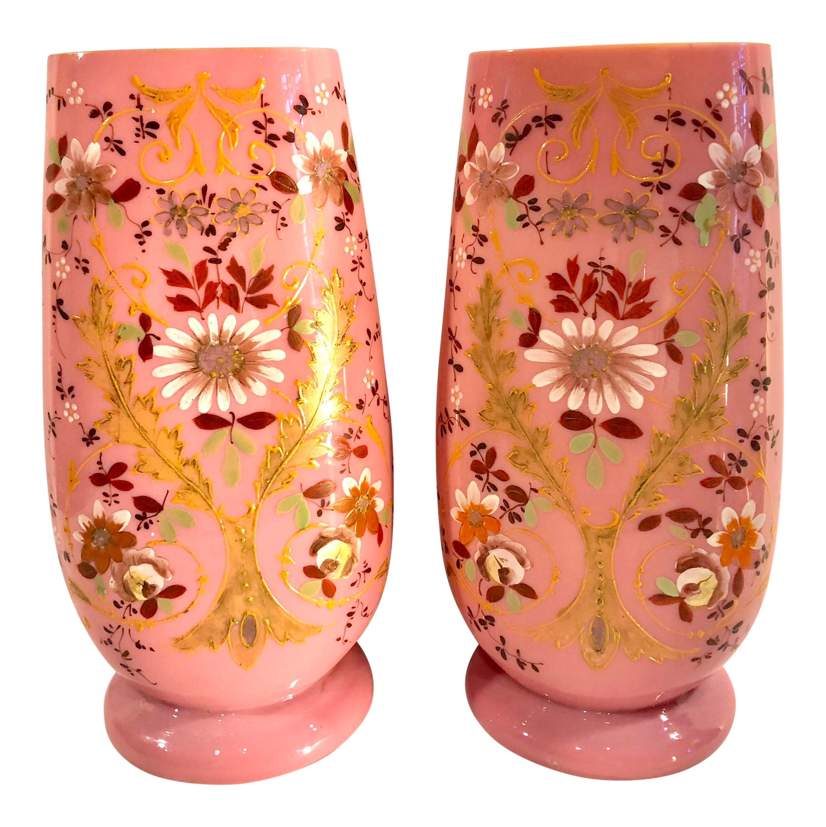 Continental Bristol Pink On White Glass Vase Traditional Antique Hand Painted A Pair Large Urns Chairish