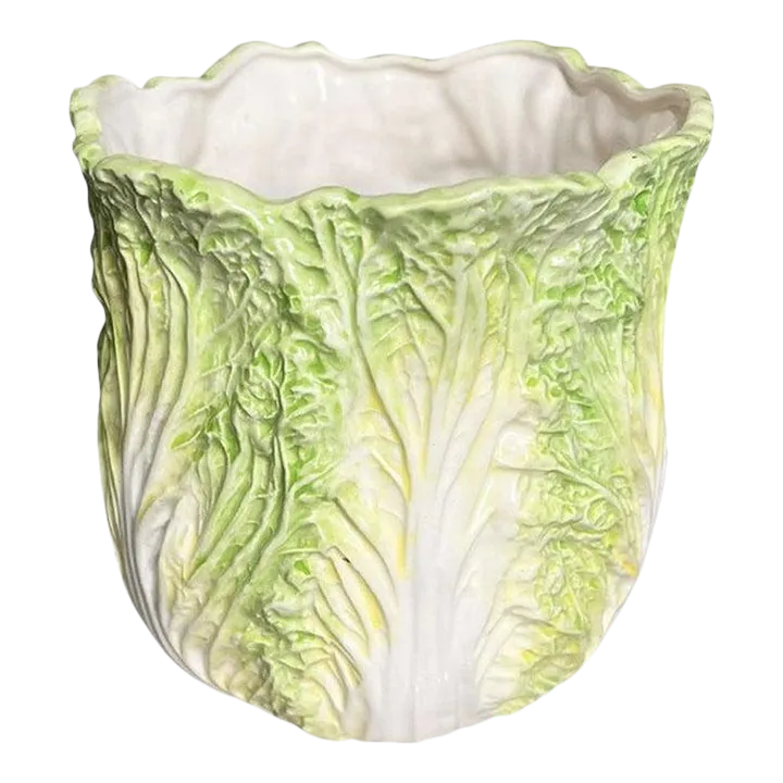 Large Vintage Ceramic Bok Choy Vase Hand Painted in Green and White