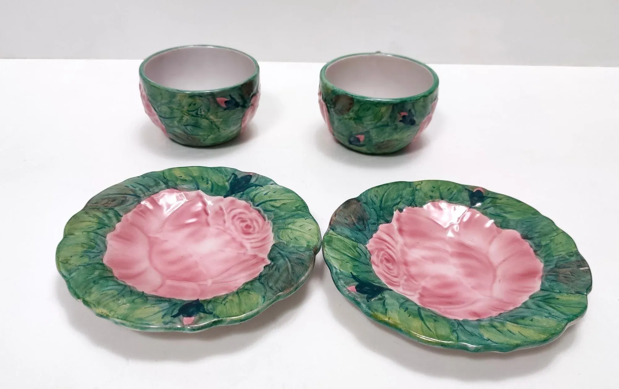 Green Earthenware Tea or Coffee Cups with Floral Motifs by Zaccagnini, 1940s,  Set of 4