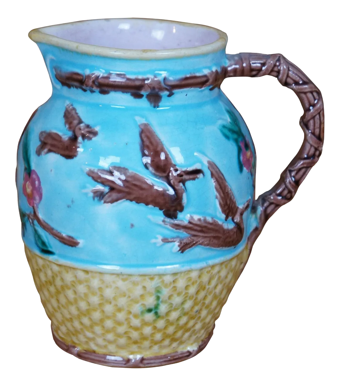 Antique Majollica Thomas Forester Crane Dogwood Creamer Pitcher