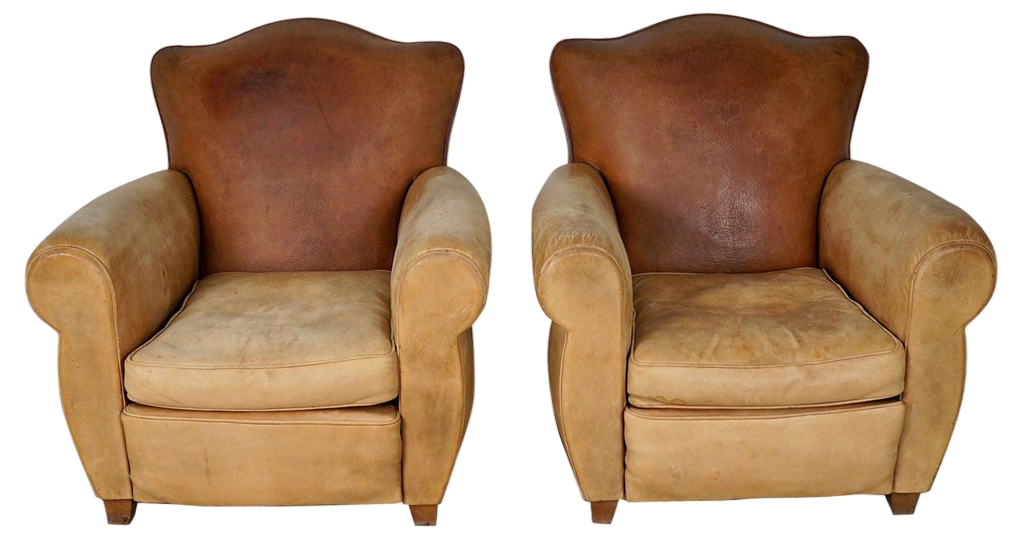 Set of French Cognac Moustache Back Leather Club Chairs, 1940s