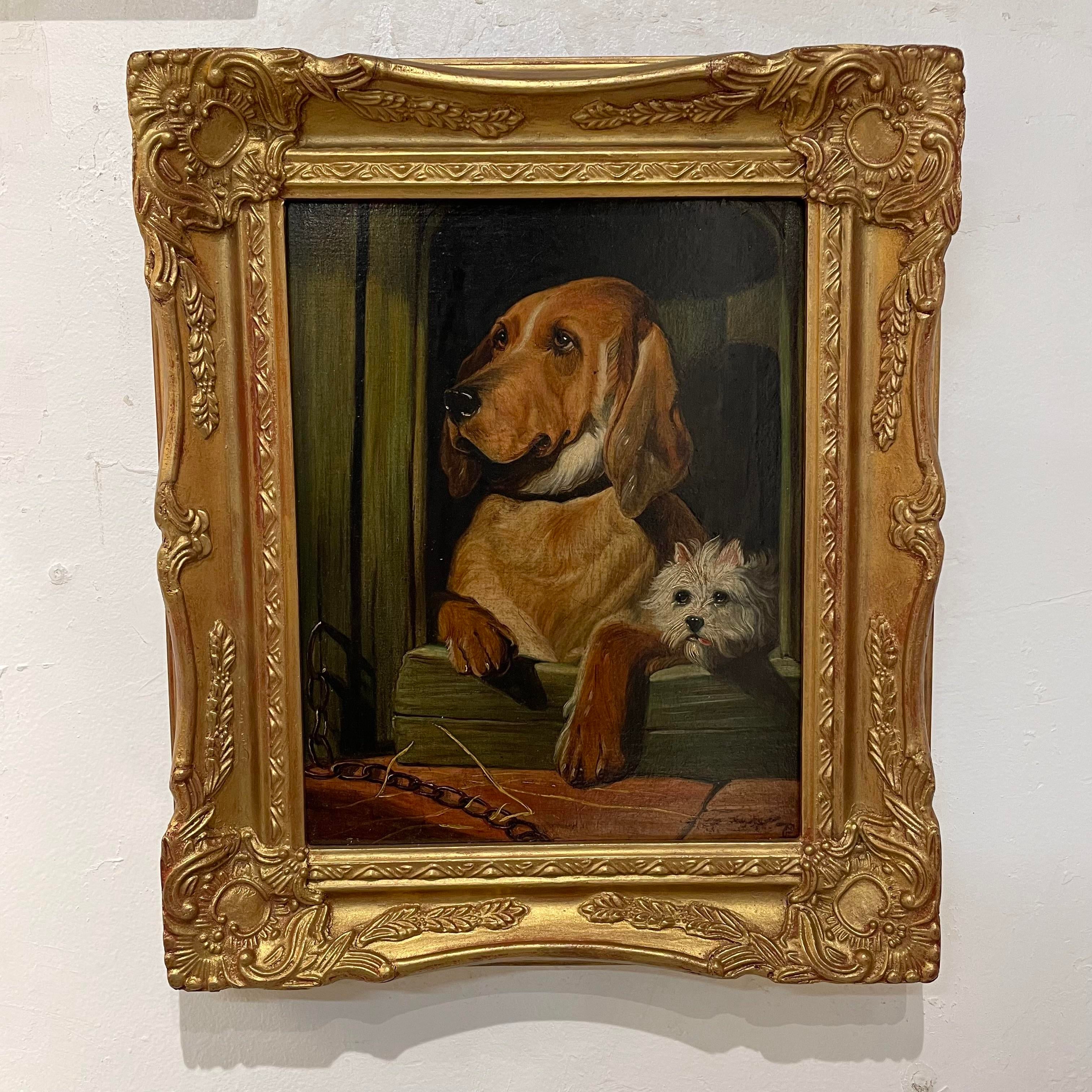 Vintage Mid 20th Century English Oil on Canvas of Spaniel and Terrier