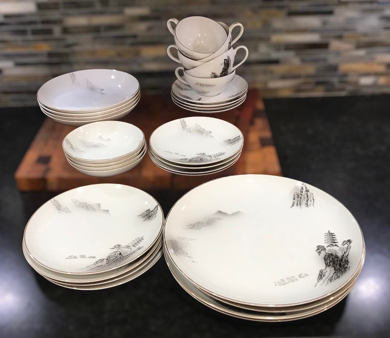 Vintage Fukagawa Arita Hand-Painted Silver Bamboo 714 24 Pcs