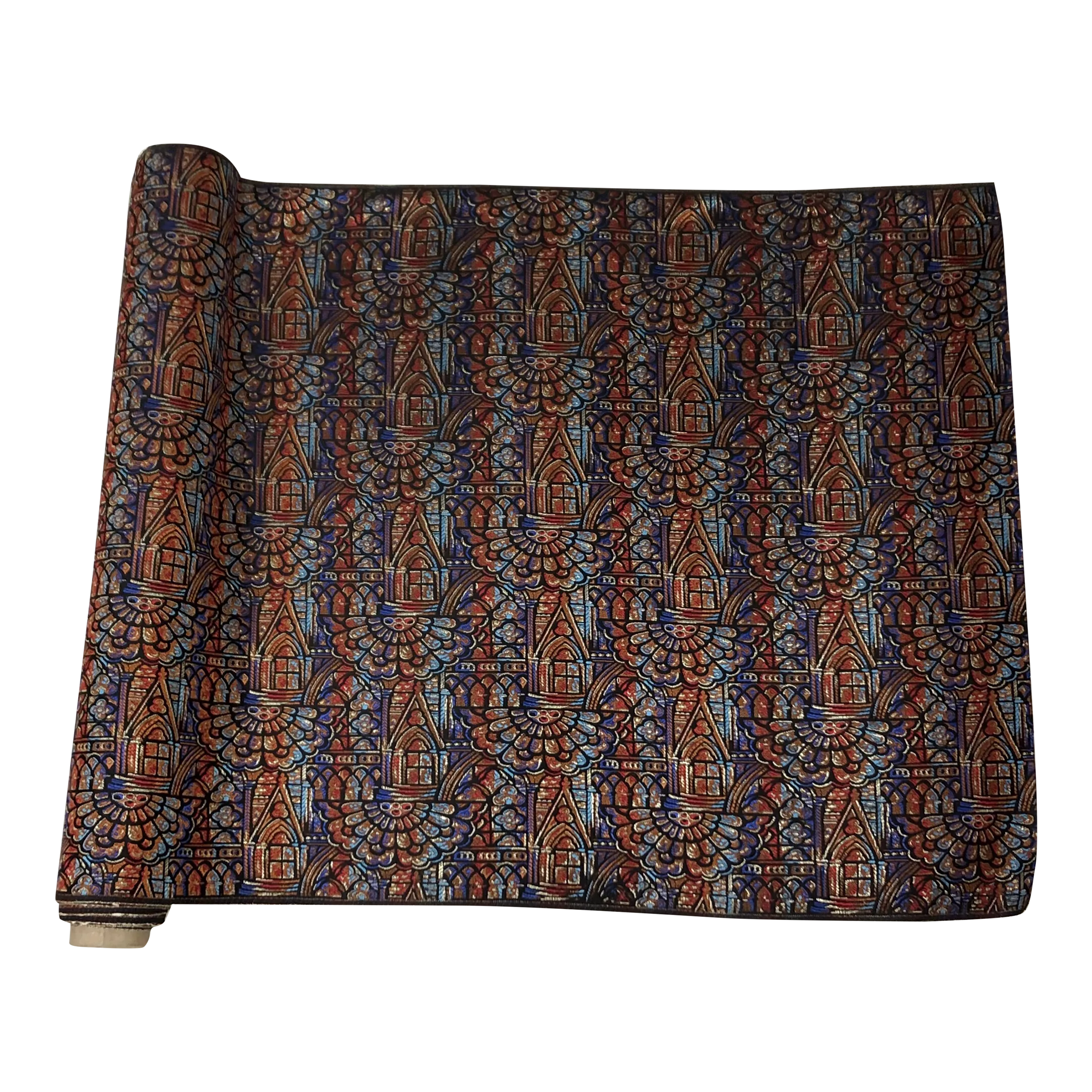 Vintage Red & Blue Gothic Style Woven Fabric Yardage - 7.5 Yards