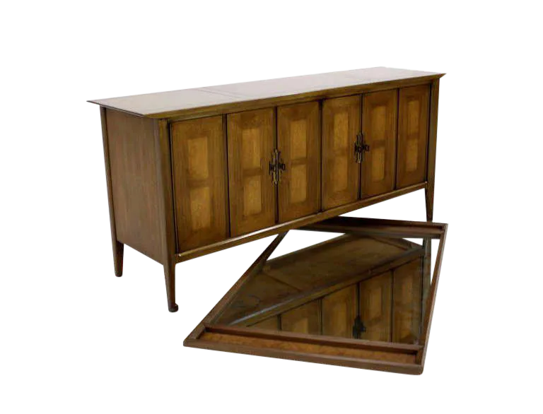 Mid Century Modern Burlwood Long Credenza Dresser Matching Mirror | Chairish
