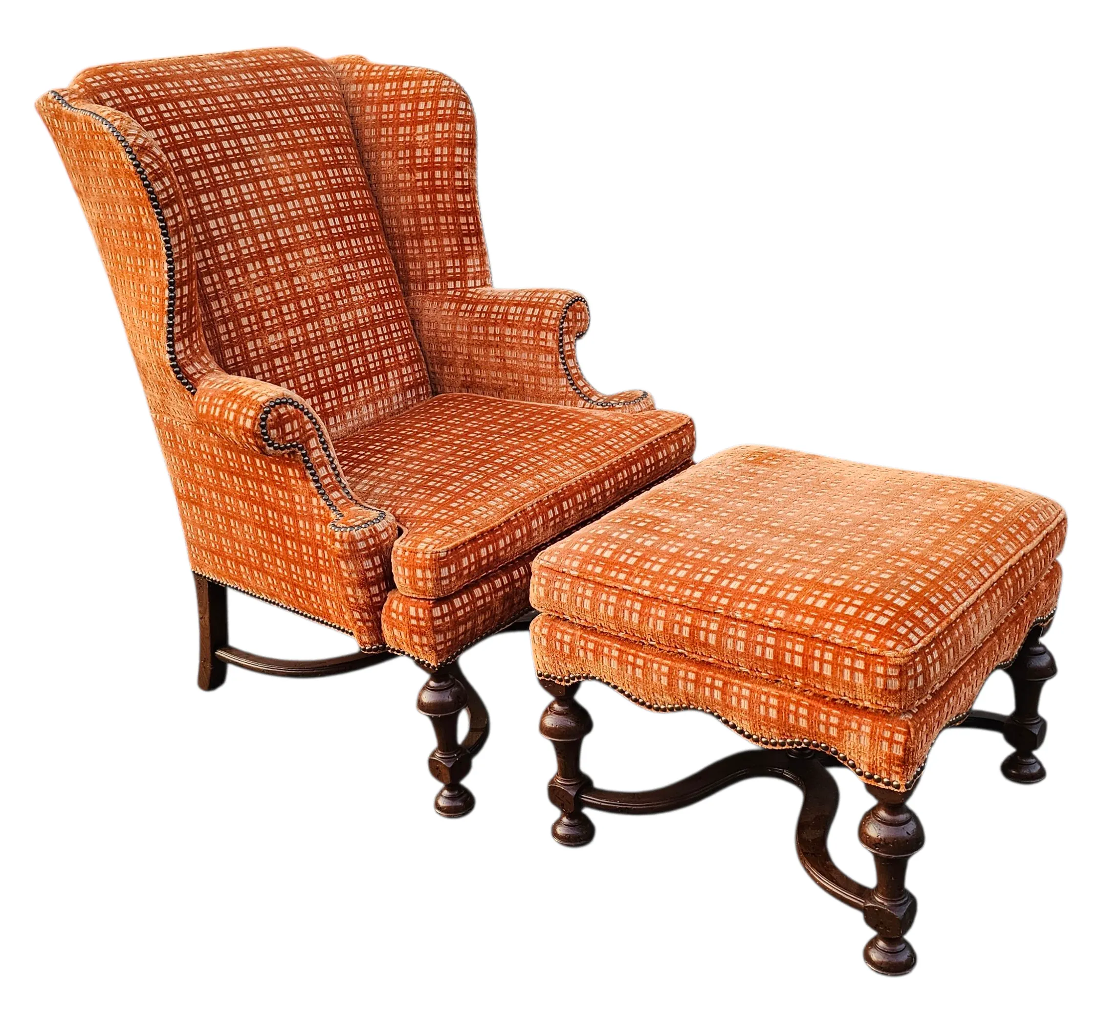 Vintage Orange Velvet Henredon Wingback Chair and Ottoman Chairish