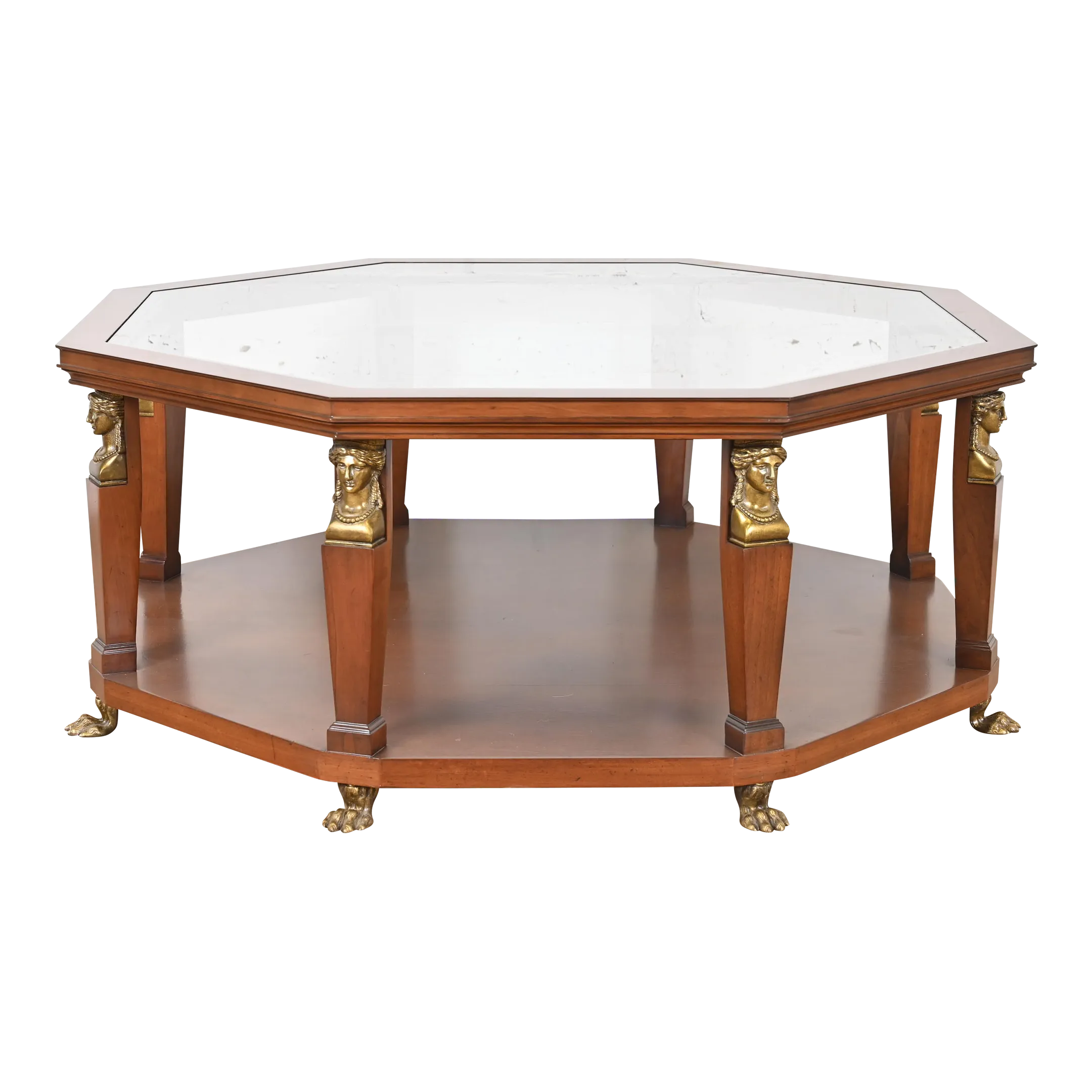 Baker Furniture Egyptian Revival Walnut and Brass Octagonal Cocktail